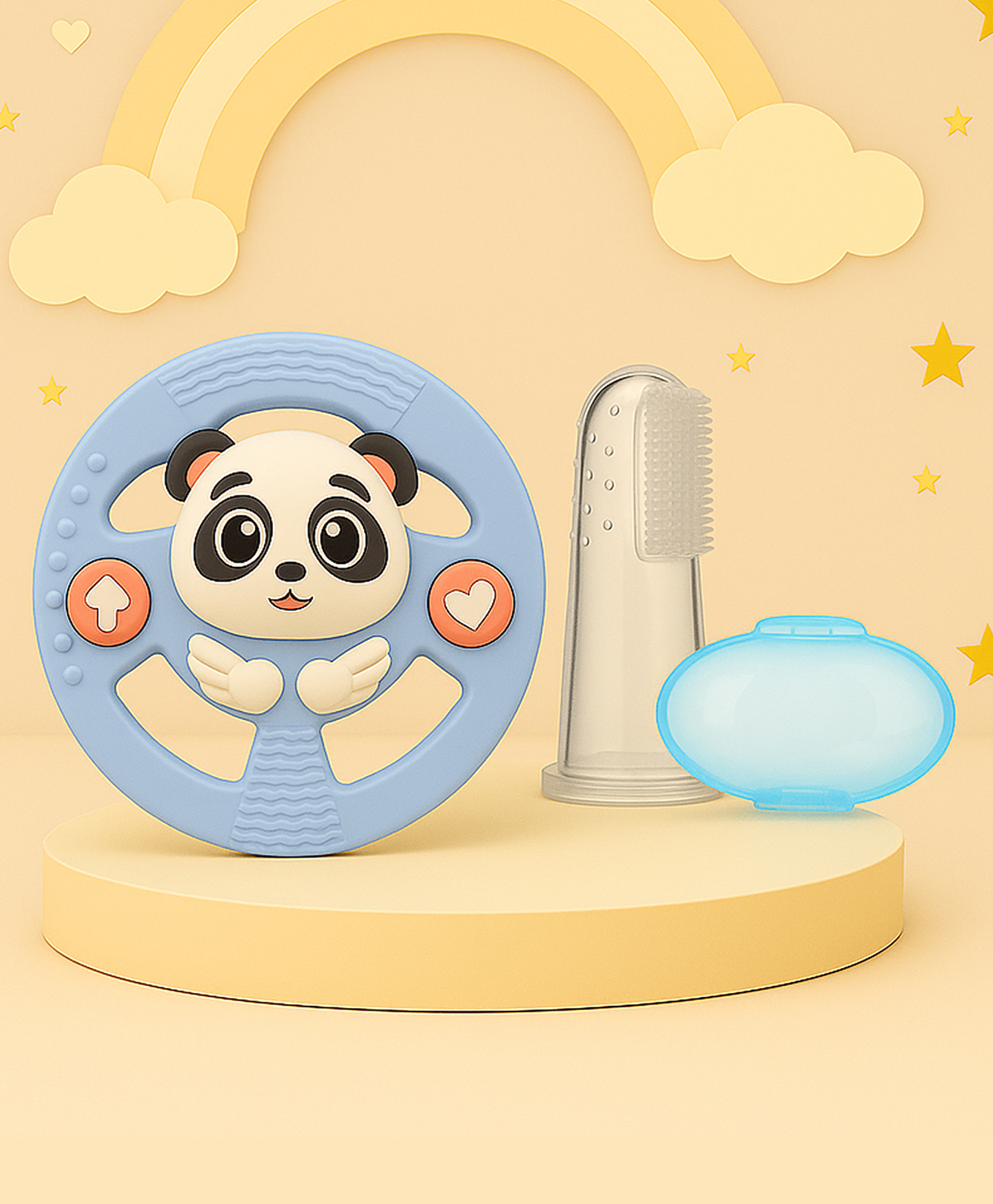 The Cheeky Kidzz Baby Soft Silicone Bristles Finger Toothbrush With Panda Wheel Shape Teether Teething BPA Free (BLUE)-image-38