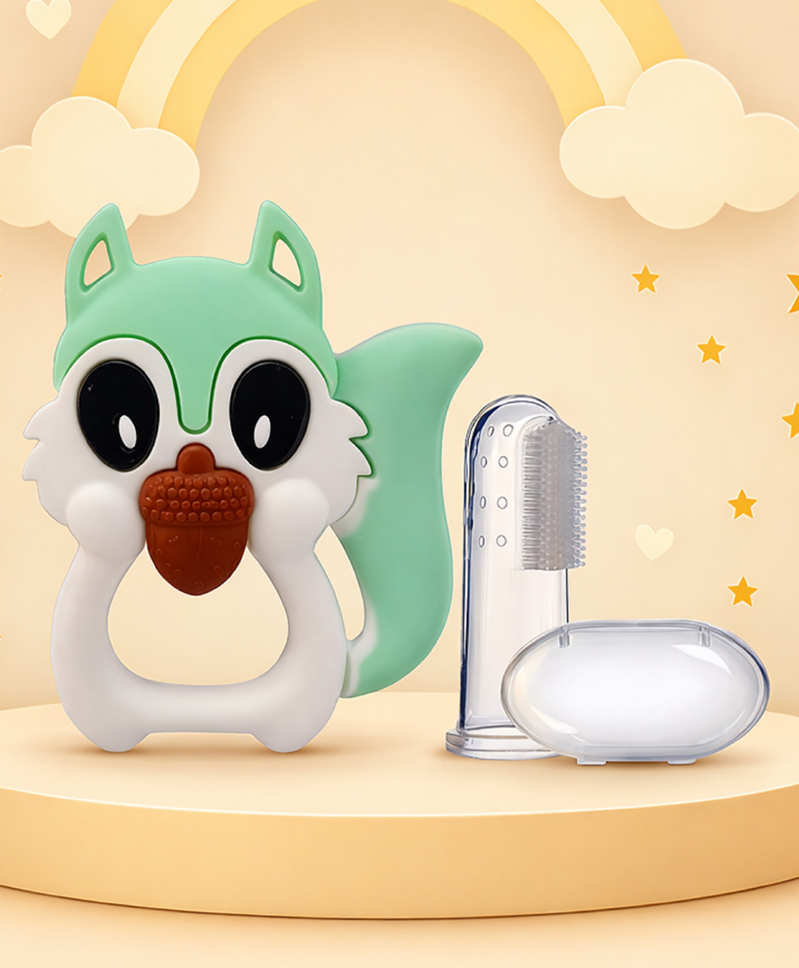 The Cheeky Kidzz Baby Soft Silicone Bristles Finger Toothbrush With Squirrel Shape Teether Teething BPA Free (GREEN)-image-4