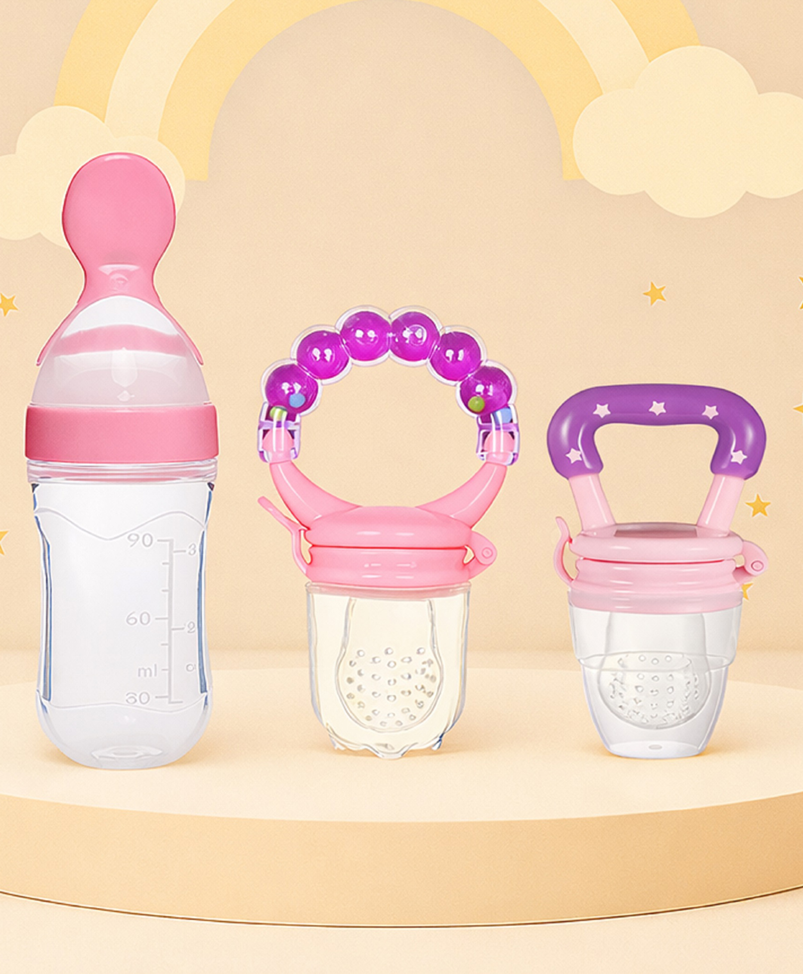 The Cheeky Kidzz Baby 2 Fruit Food Vegetable Nibblers Soother Teether With 1 Squeeze Silicone Spoon Feeder (PINK)-image-43