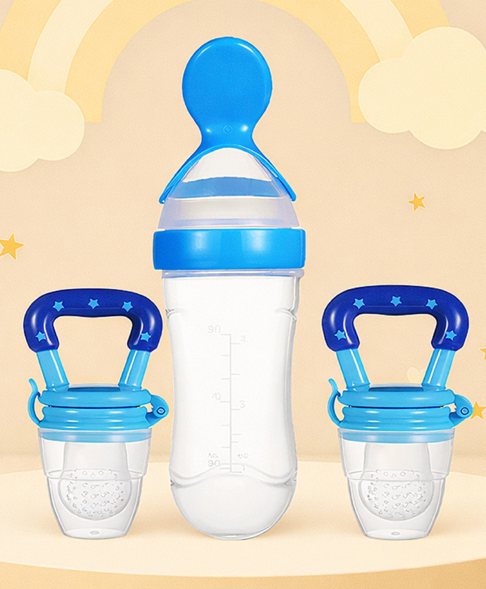 The Cheeky Kidzz Baby 2 Fruit Food Vegetable Nibblers Soother Teether With 1 Squeeze Silicone Spoon Feeder BPA Free(BLUE)-image-12