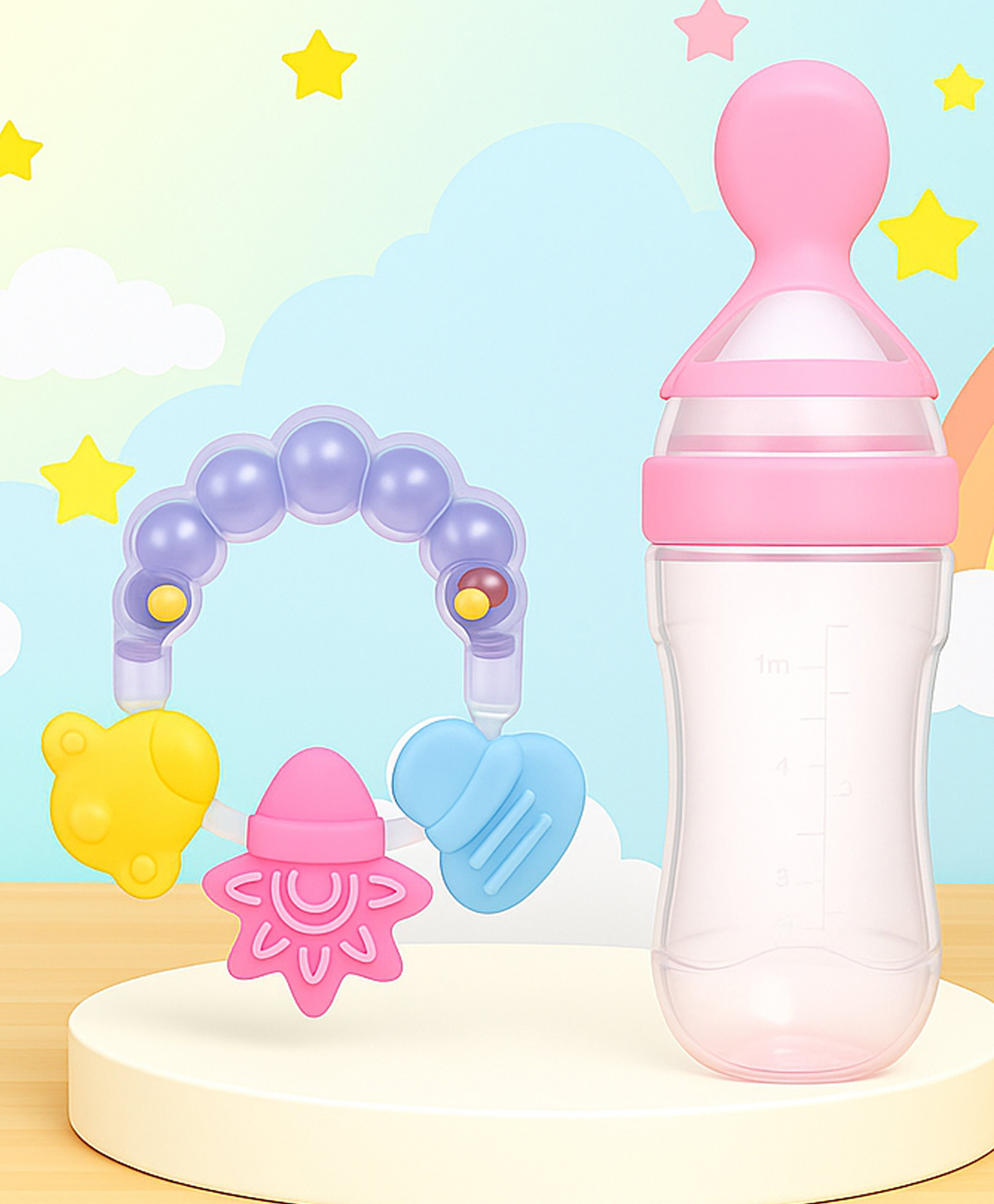 The Cheeky Kidzz Baby Ring Shape Rattle Teething Toy With Soft Silicone Squeeze Spoon Rice Cereal Feeder Bottle (PINK)-image-7