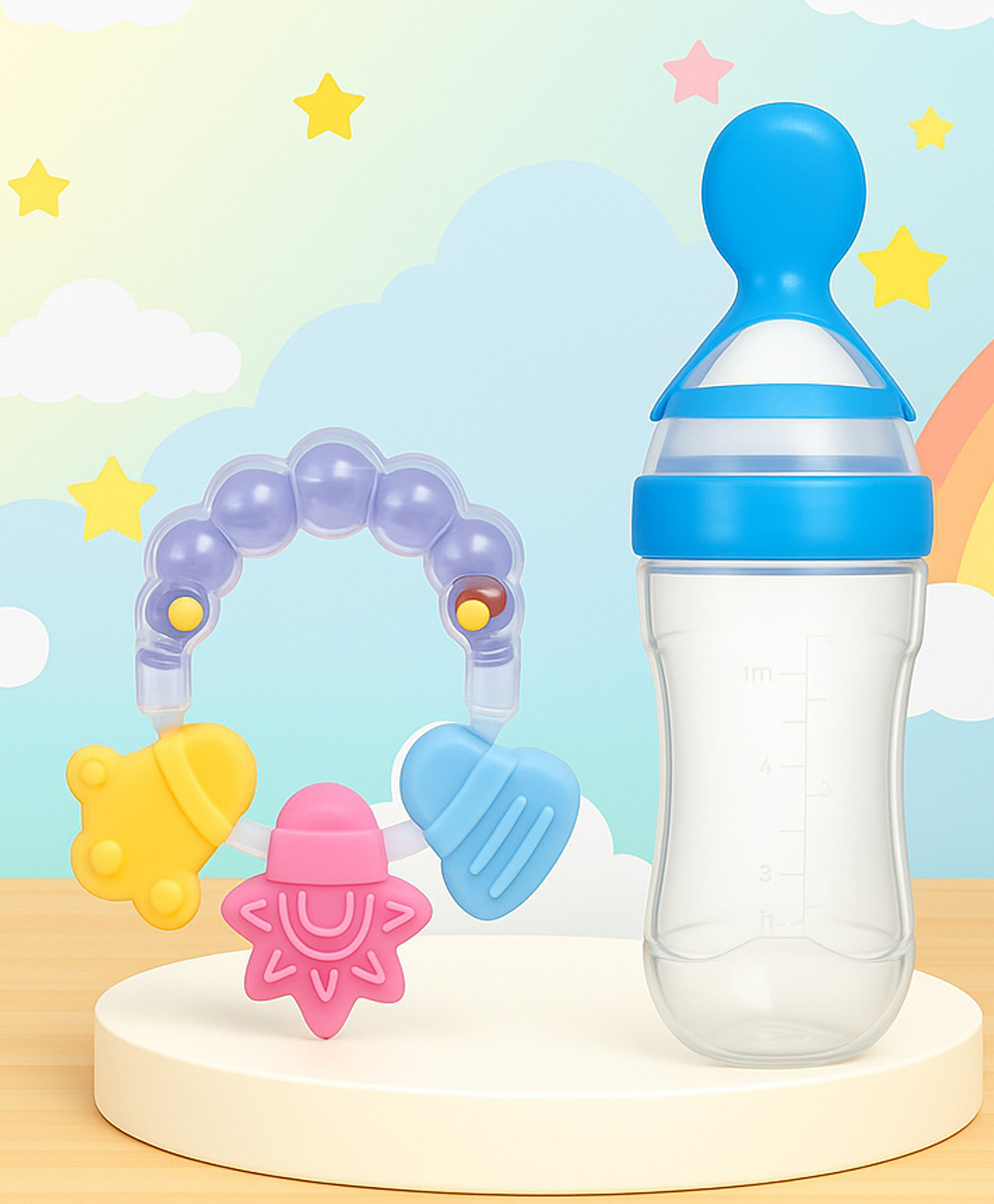 The Cheeky Kidzz Baby Ring Shape Rattle Teething Toy With Soft Silicone Squeeze Spoon Rice Cereal Feeder Bottle (BLUE)-image-3