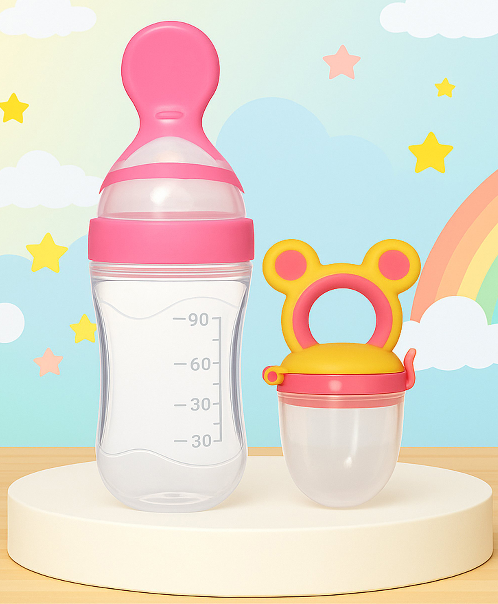The Cheeky Kidzz Baby Fruit Vegetable Nibbler Soother Ear Teether With Soft Silicone Squeeze Spoon Bottle BPA Free (PINK)-image-18