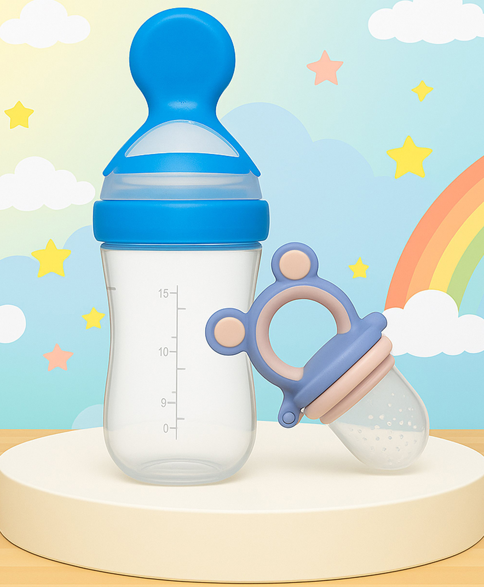 The Cheeky Kidzz Baby Fruit Vegetable Nibbler Soother Ear Teether With Soft Silicone Squeeze Spoon Bottle BPA Free (BLUE)-image-22