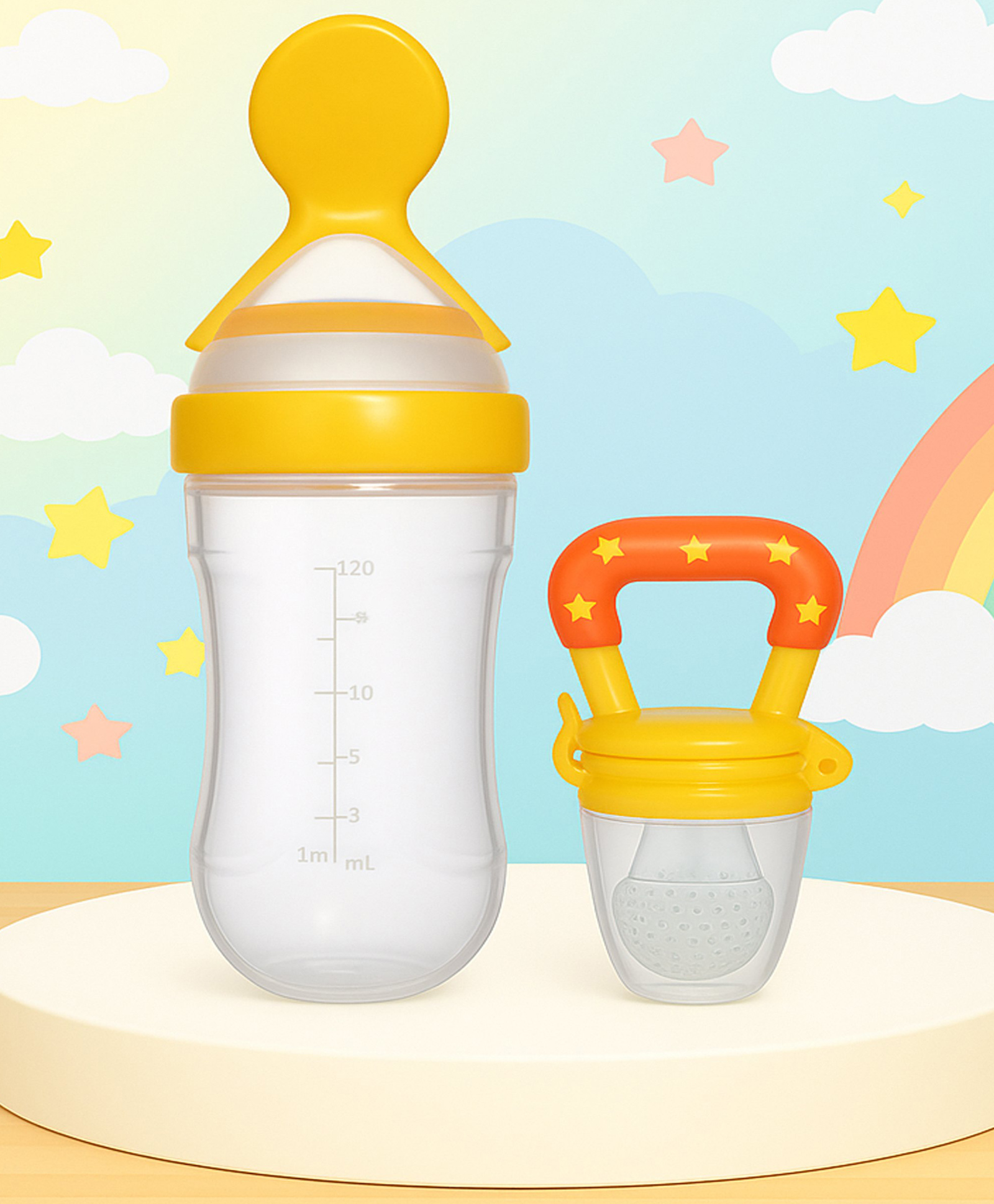 The Cheeky Kidzz Baby Fruit Vegetable Nibbler Soother Star Teether With Soft Silicone Squeeze Spoon Bottle BPA Free (YELLOW)-image-11