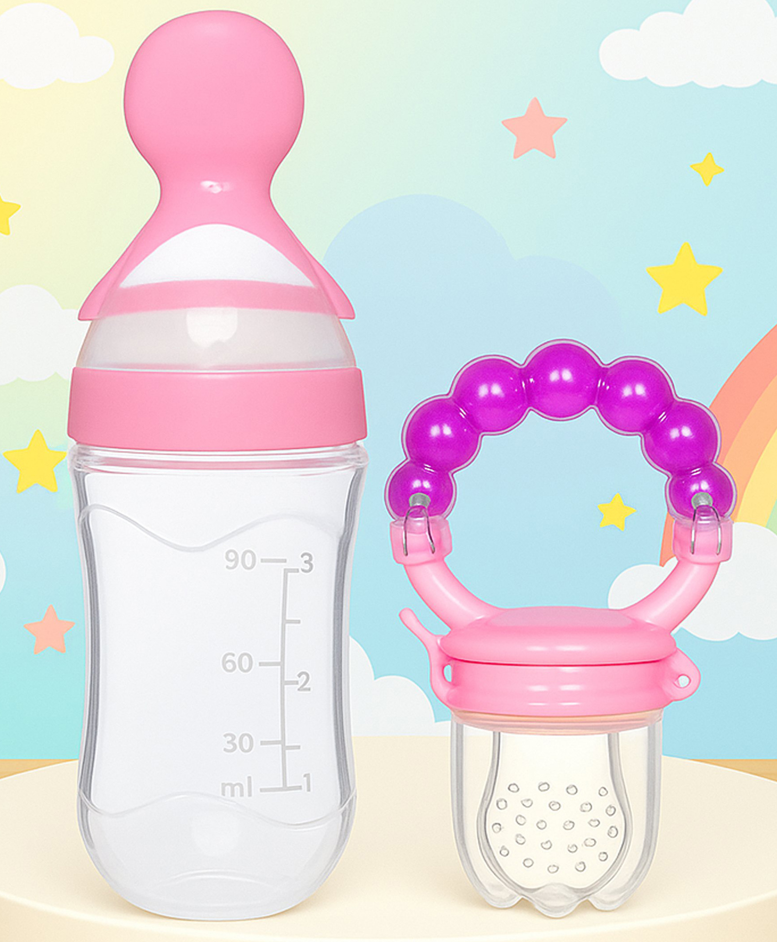 The Cheeky Kidzz Baby Fruit Vegetable Nibbler Soother Rattle Teether With Soft Silicone Squeeze Spoon Bottle BPA Free (PINK)-image-21