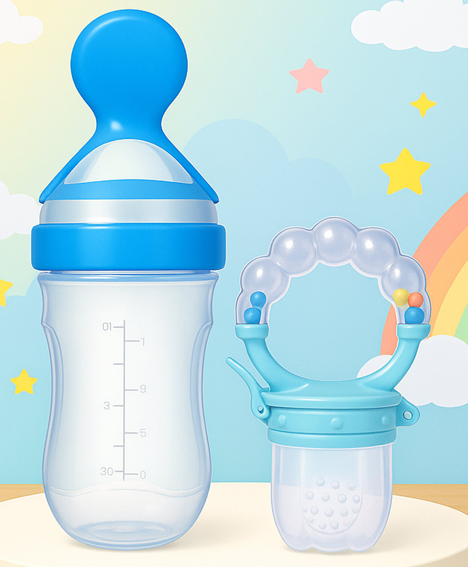 The Cheeky Kidzz Baby Fruit Vegetable Nibbler Soother Rattle Teether With Soft Silicone Squeeze Spoon Bottle BPA Free (BLUE)-image-19