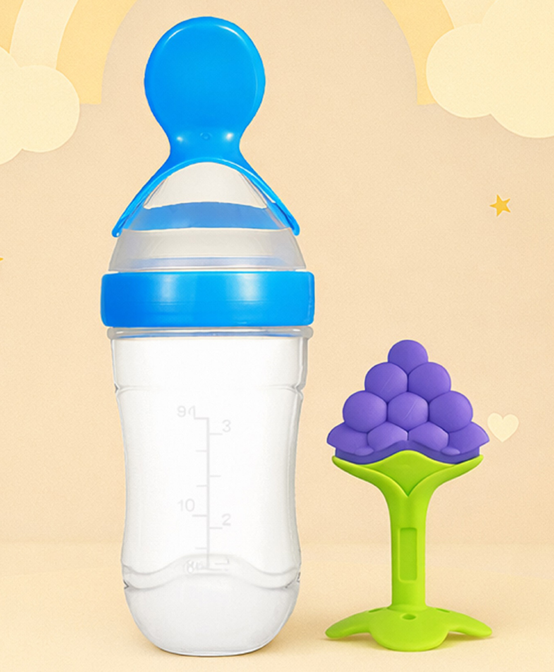 The Cheeky Kidzz Baby Fruit Shape Soft Sillicone Standing Teether With Squeeze Spoon Rice Cereal Bottle BPA Free (GRAPES)-image-27