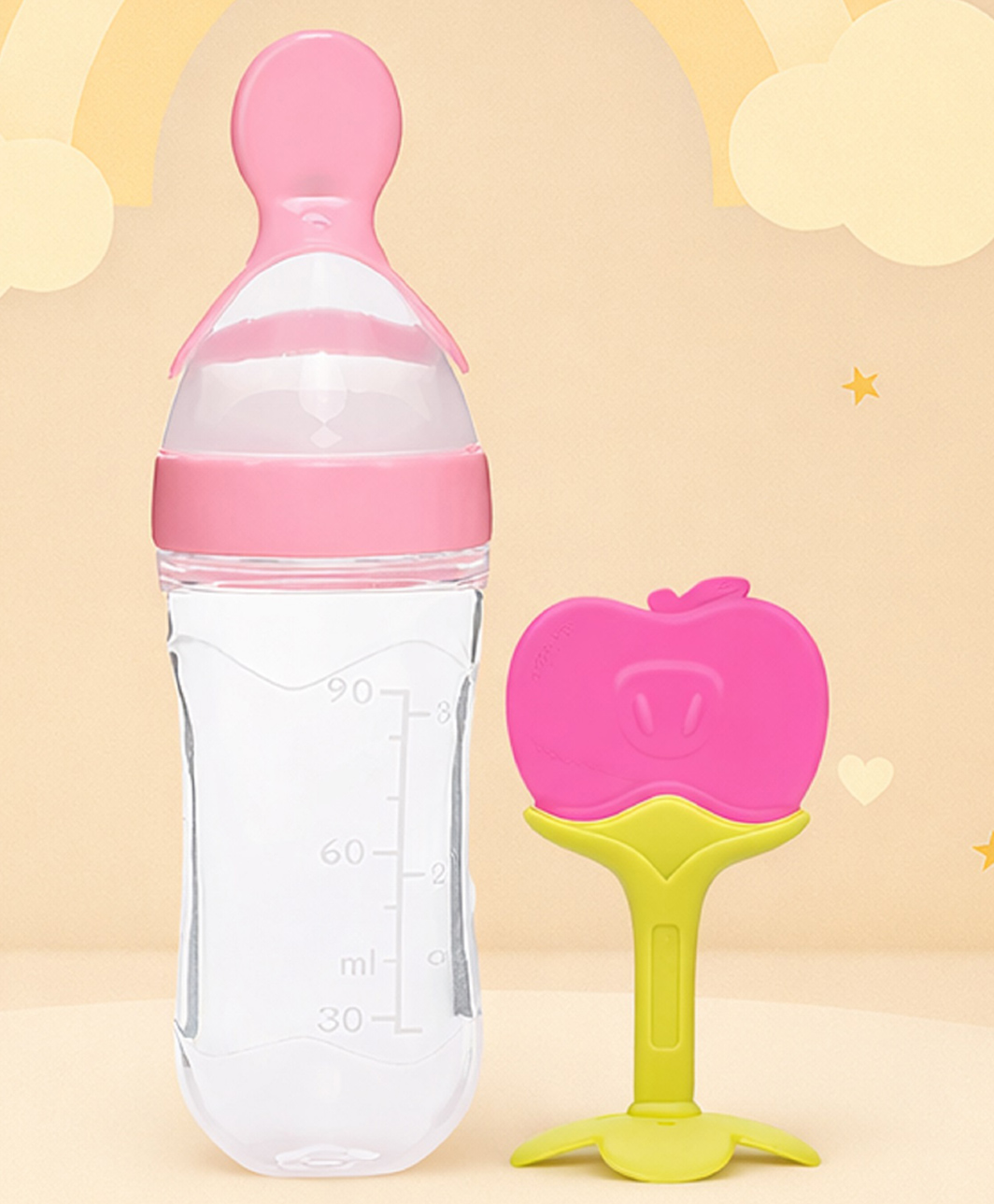 The Cheeky Kidzz Baby Fruit Shape Soft Sillicone Standing Teether With Squeeze Spoon Rice Cereal Bottle BPA Free (APPLE)-image-36