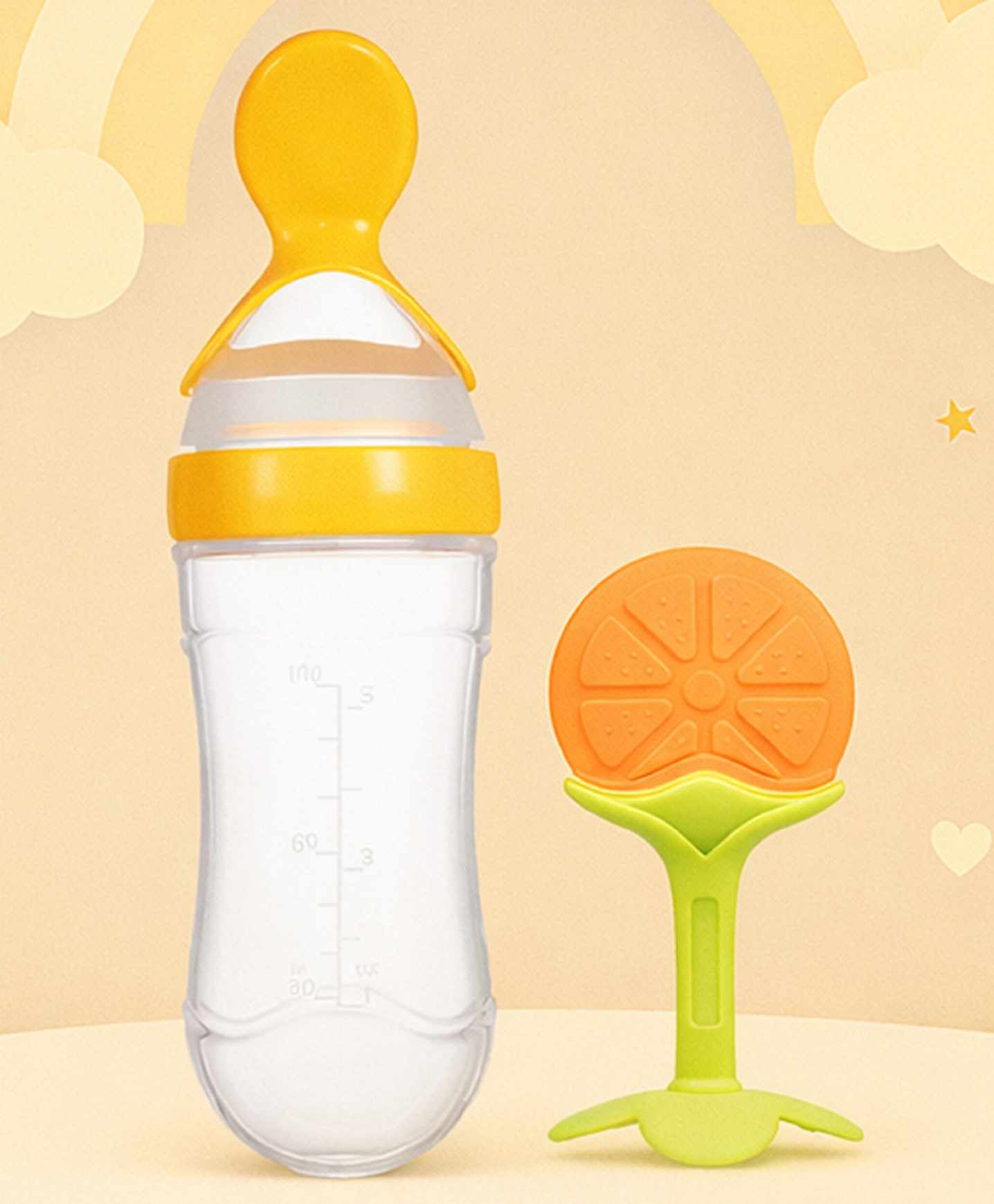 The Cheeky Kidzz Baby Fruit Shape Soft Sillicone Standing Teether With Squeeze Spoon Rice Cereal Bottle BPA Free (ORANGE)-image-23