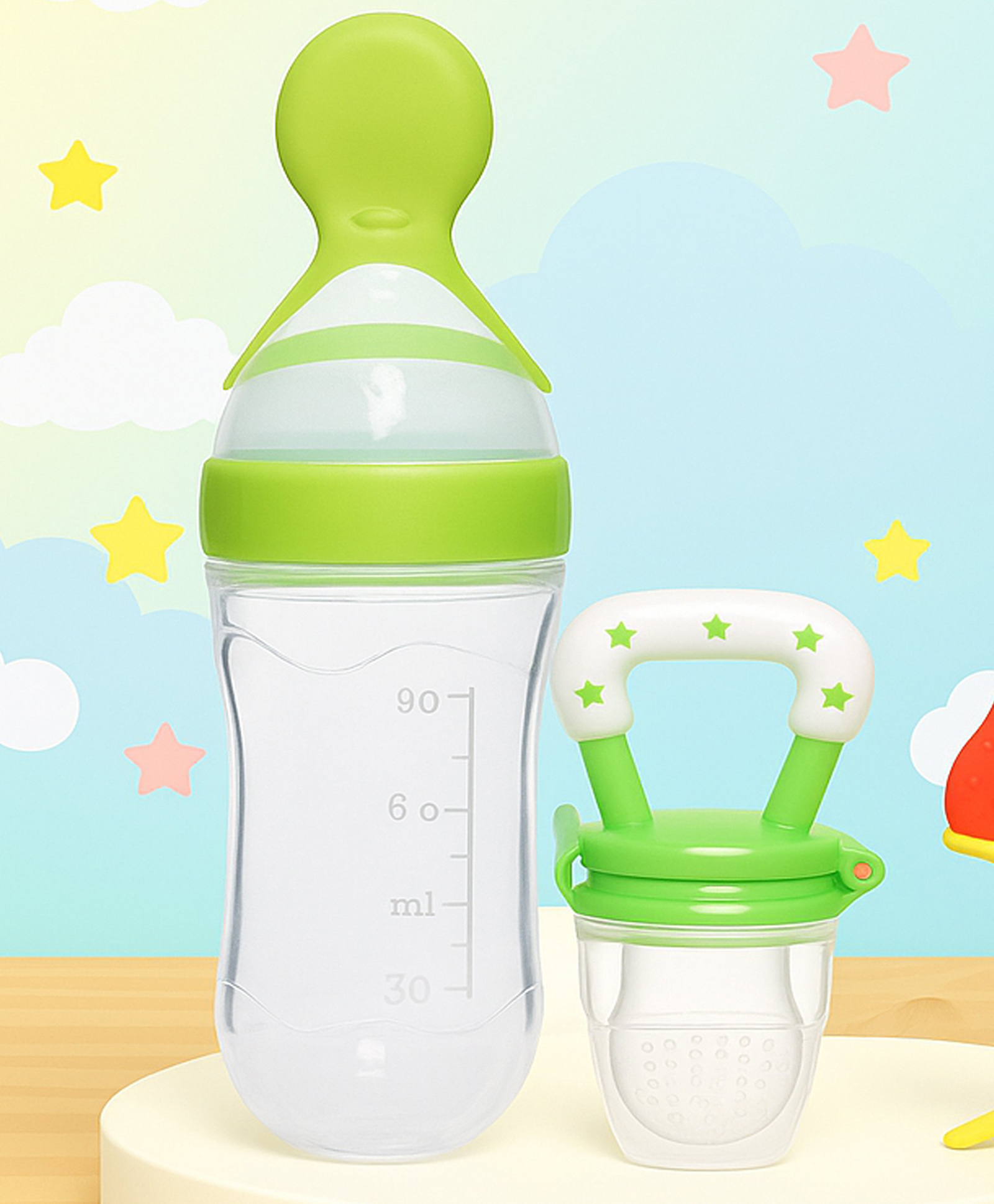 The Cheeky Kidzz Baby Silicone Fruit Shape And Fruit Nibbler Soother Teether With Squeeze Spoon Bottle (GREEN)-image-24