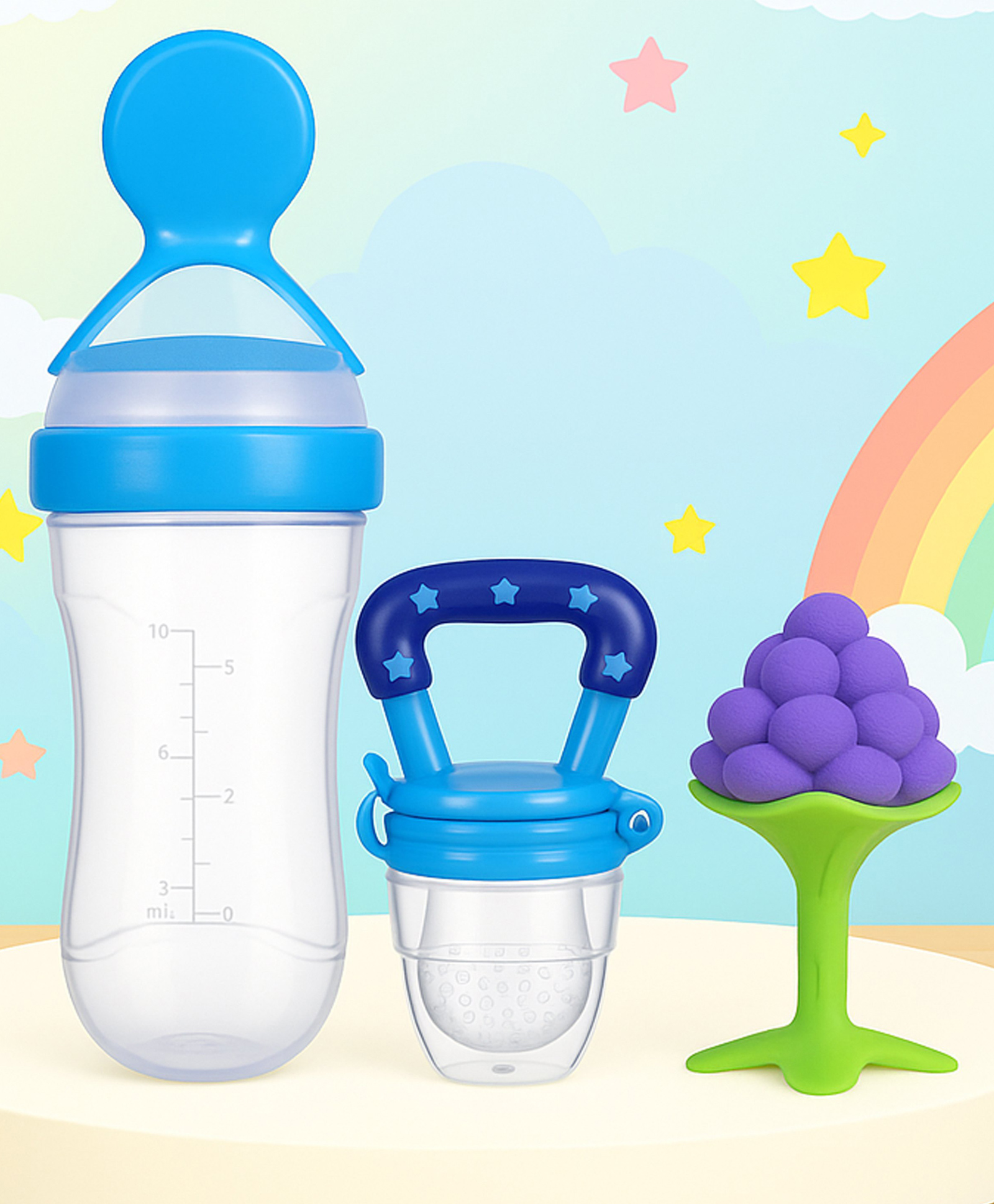 The Cheeky Kidzz Baby Silicone Fruit Shape And Fruit Nibbler Soother Teether With Squeeze Spoon Bottle (BLUE)-image-21