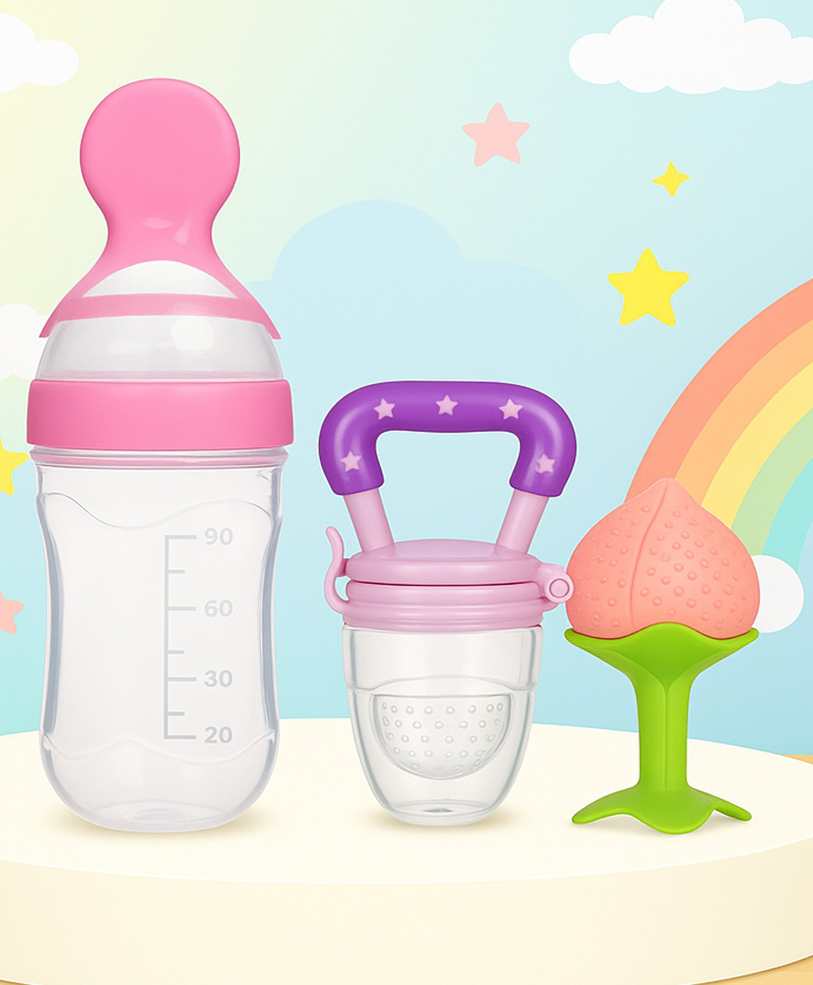 The Cheeky Kidzz Baby Silicone Fruit Shape And Fruit Nibbler Soother Teether With Squeeze Spoon Bottle (PINK)-image-25