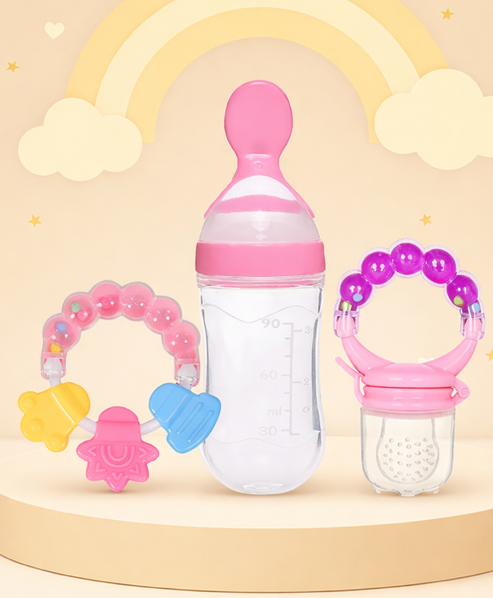The Cheeky Kidzz Baby Ring Rattle & Fruit Vegetable Nibbler Soother Teether WithSqueeze Silicone Spoon Bottle BPA Free (PINK)-image-45