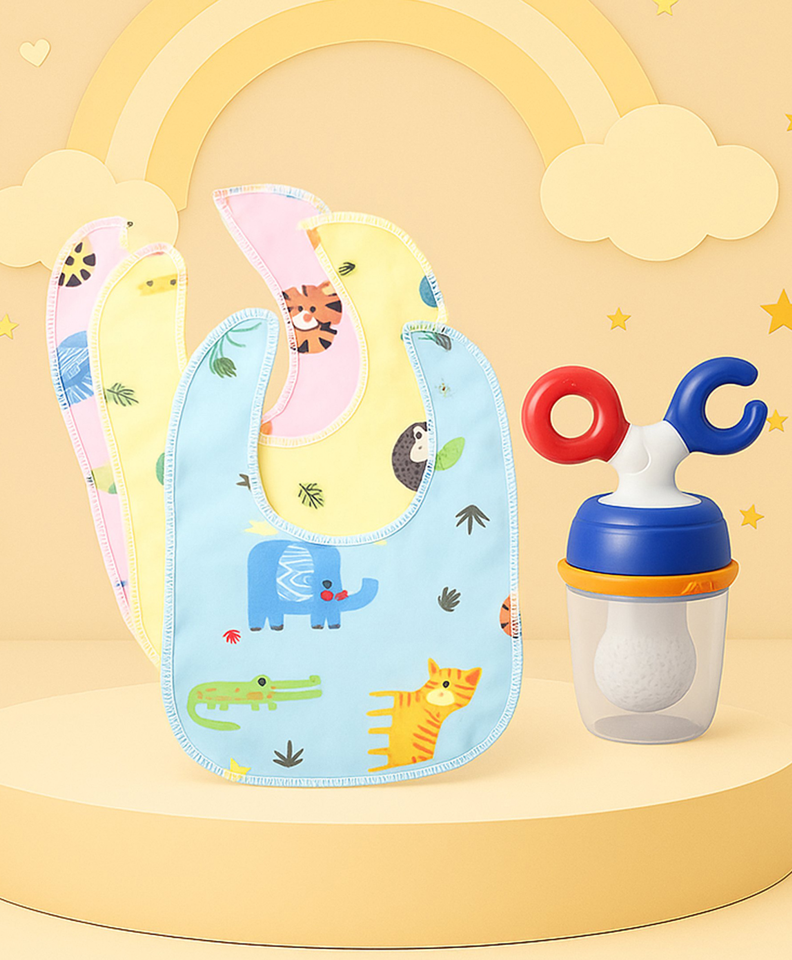 The Cheeky Kidzz Baby Food Feeder Silcone Fruit Vegetable Nibbler Soother Teether BPA Free with 3 Cotton Feeding Bibs(MULTI-COLOR)-image-46