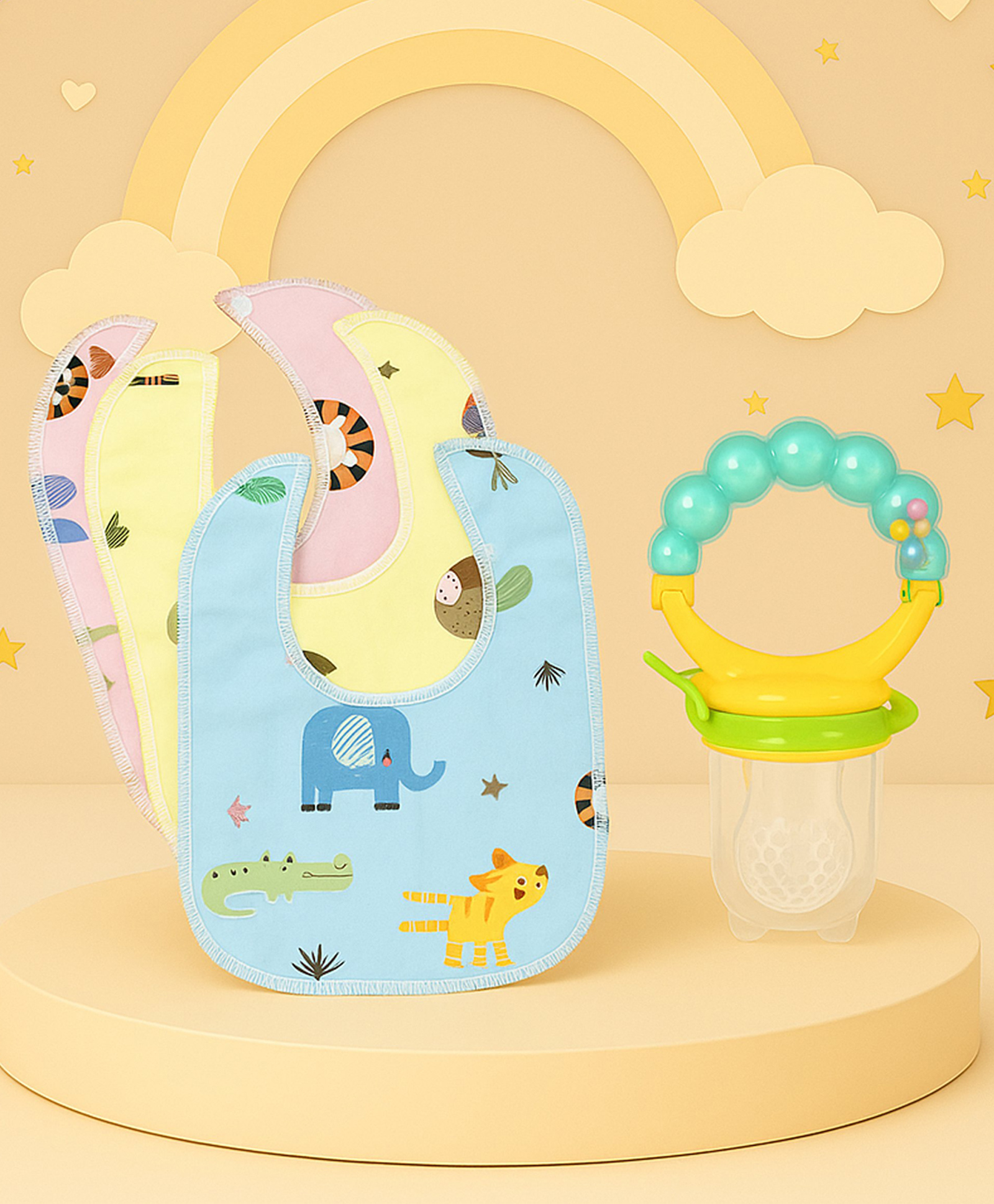 The Cheeky Kidzz Baby Food Feeder Silcone Fruit Vegetable Nibbler Rattle Soother Teether With 3 Cotton Feeding Bibs(MULTI-COLOR)-image-5