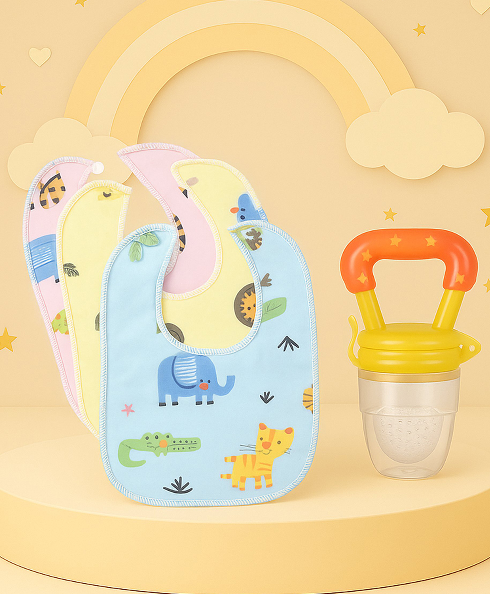 The Cheeky Kidzz Baby Food Feeder Star Silcone Fruit Vegetable Nibbler Rattle Soother Teether With 3 Cotton Feeding Bibs(YELLOW)-image-40
