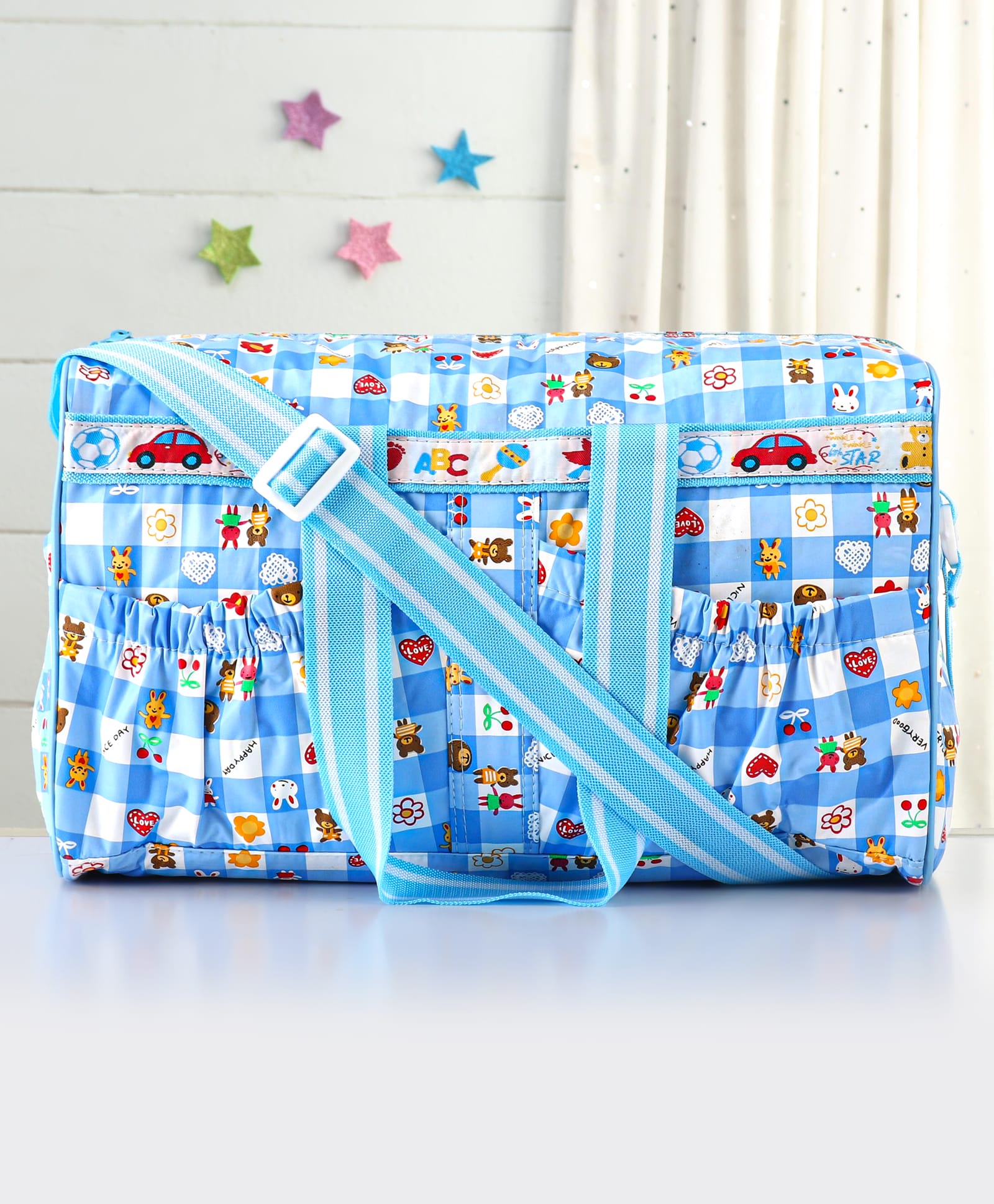fab n funky Multipurpose Diaper Bag Happy Day Square Print With PVC Fabric-Blue-picture-34