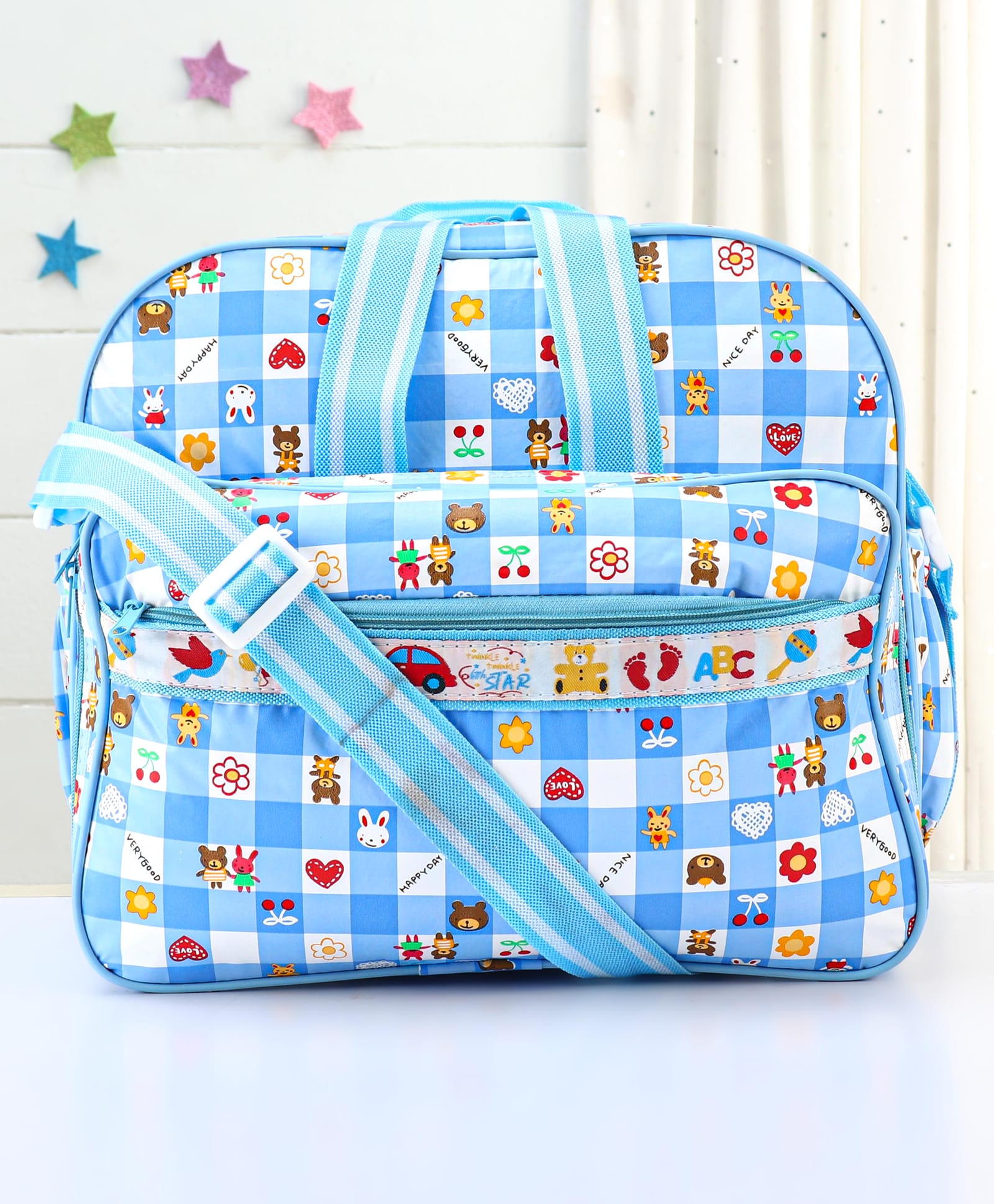 fab n funky Diaper Bag Multipurpose Happy Day Square Print With PVC Fabric- Blue-picture-34