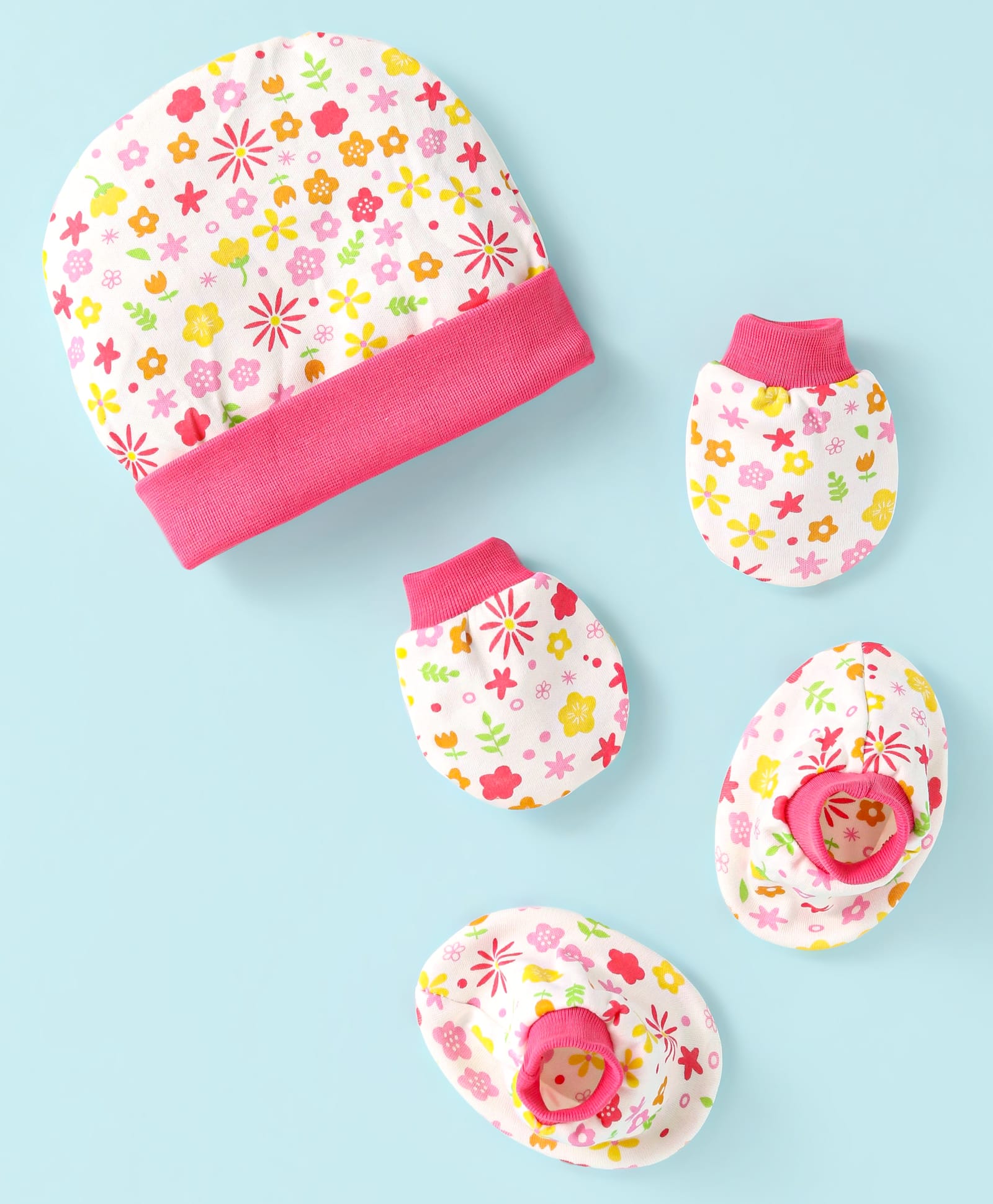 Ben Benny Interlock Knit Cap Mittens & Booties Set with Floral Print Pink - Diameter 10.5 cm-picture-17