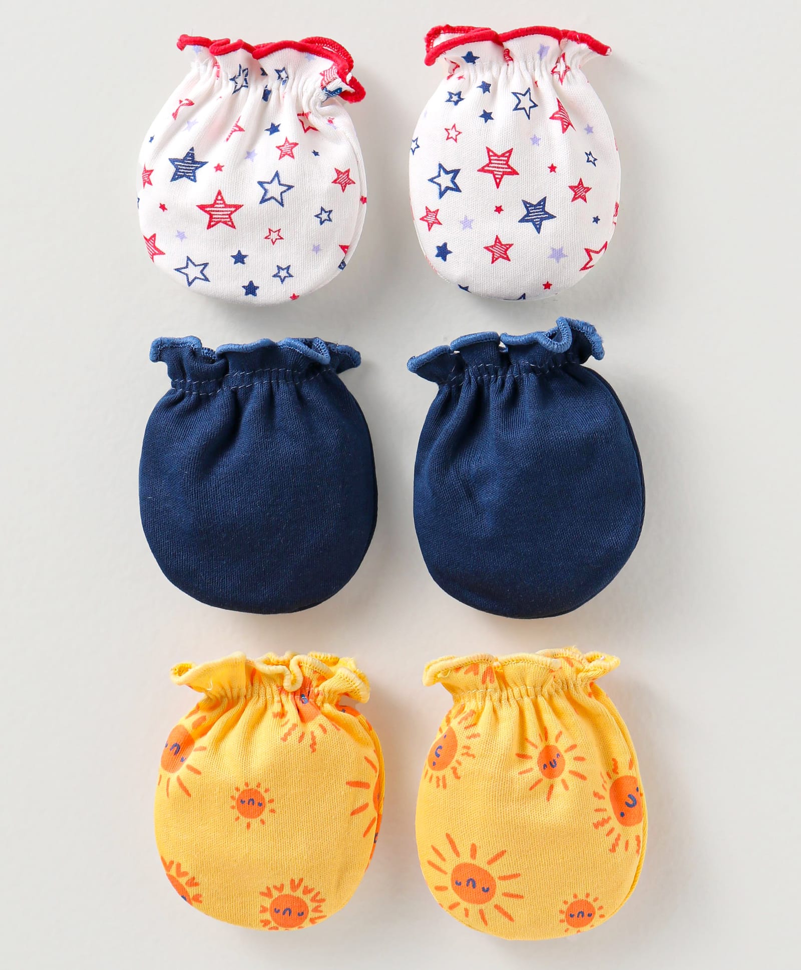 Ben Benny Interlock Knit Mittens Set with Sun & Star Print Pack of 3 - White Navy Blue & Yellow-image-48