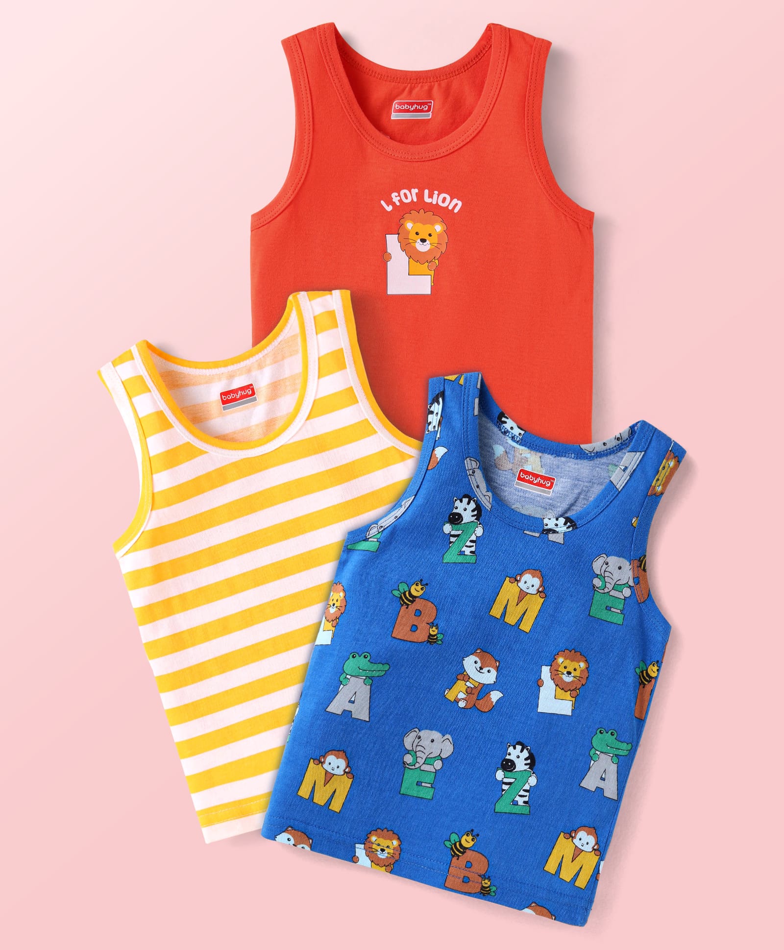 Babyhug Single Jersey Knit Sleeveless Sando Vests with Animal Print & Stripes Pack of 3 - Blue Red & White-image-34