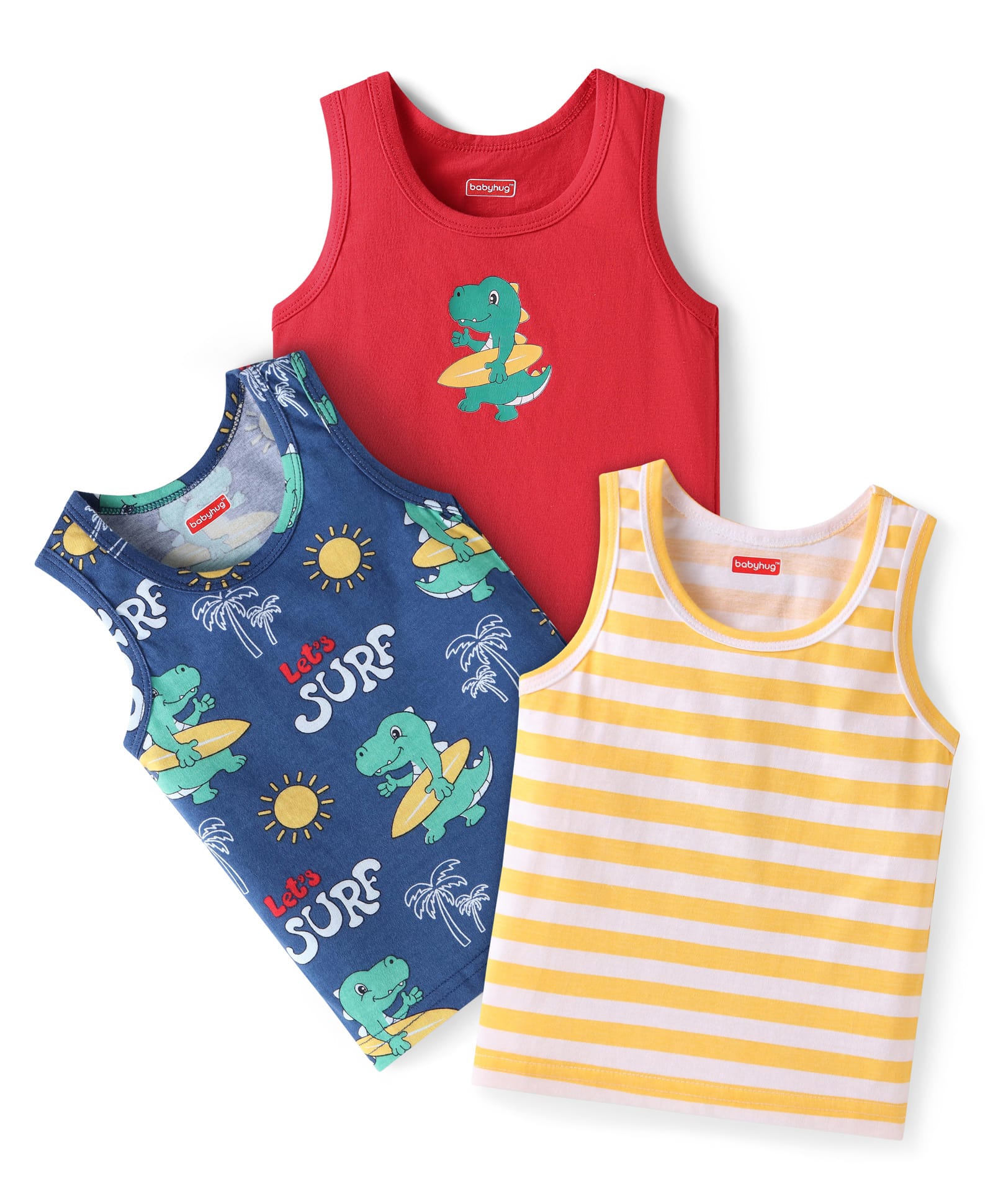 Babyhug 100% Cotton Sleeveless Sandos Striped & Dino Print Pack of 3 - Red Navy Blue Yellow-image-30