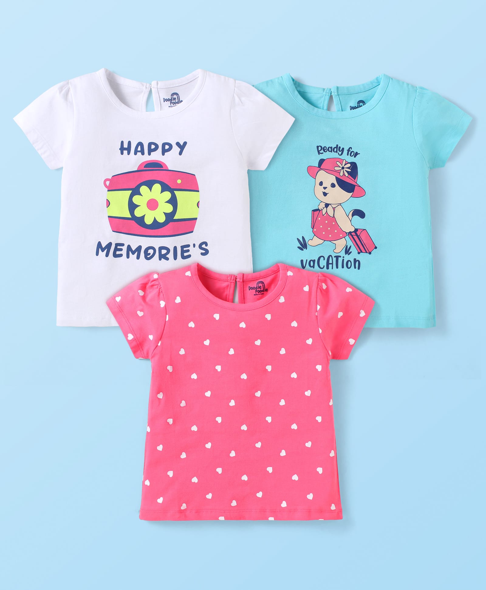 Doodle Poodle 100% Cotton Knit Half Sleeves T-Shirts with Hearts & Text Print Pack of 3 - Dark Pink White & Light Blue-image-23