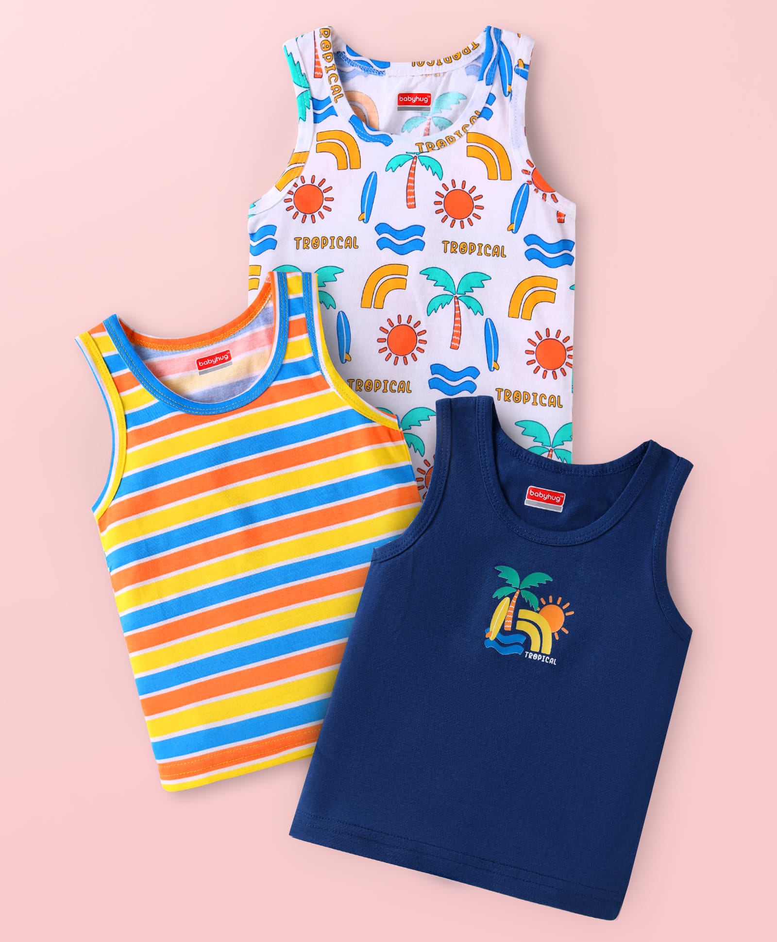 Pine Kids Cotton Knit Sleeveless Beach Theme Printed Vests Pack of 3 - Navy Blue Yellow & White