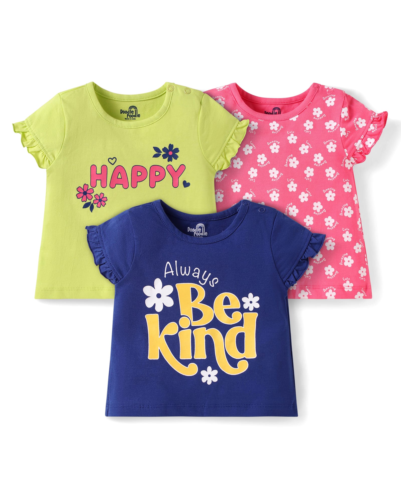 Doodle Poodle 100% Cotton Knit Half Frill Sleeves Tops with Floral & Text Print - Pink Lingt Green & Navy Blue-picture-35