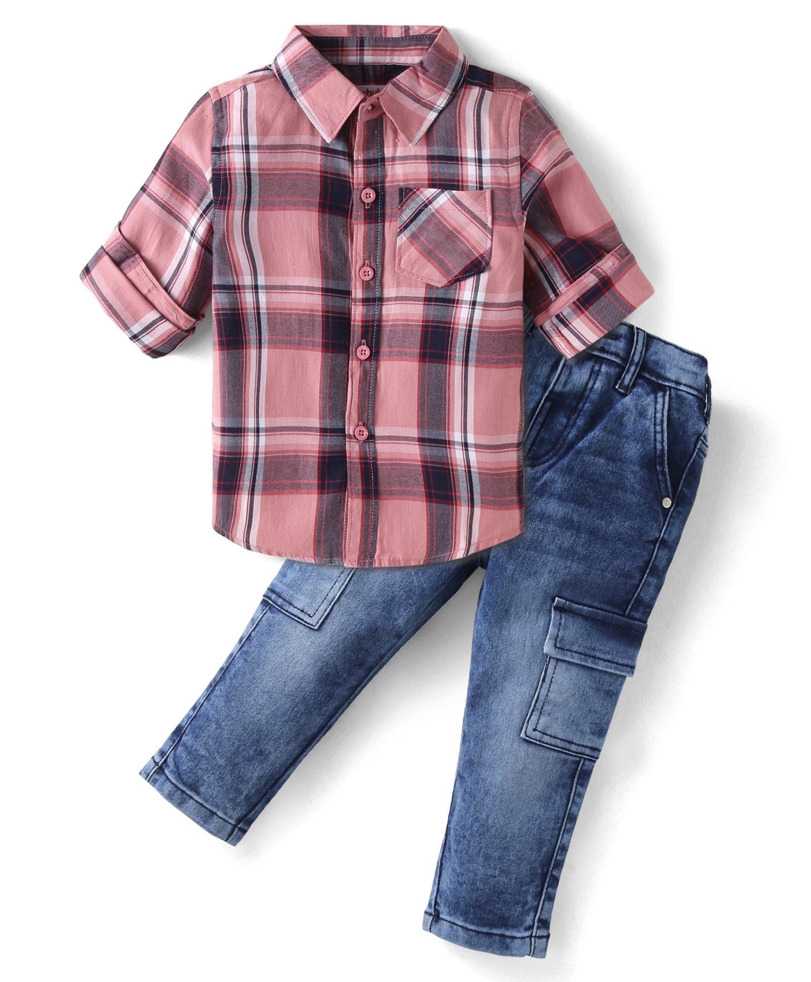 Babyhug Cotton Full Sleeves Checks Shirts & Jeans Set with Pockets - Pink Navy Blue-image-15