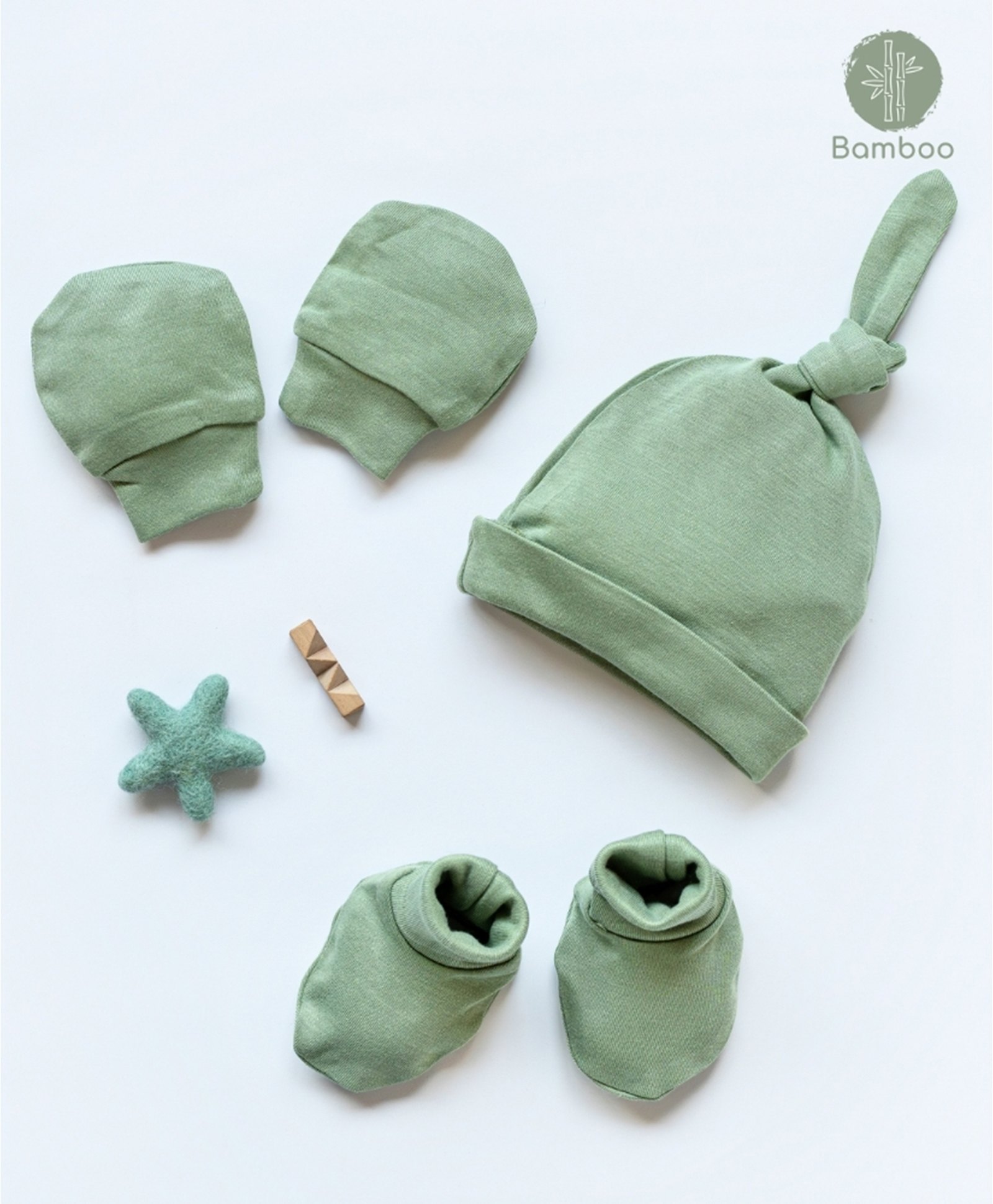 Cocoon Care Bamboo Cotton Solid Cap With Coordinating Mittens & Socks Set - Green-picture-34