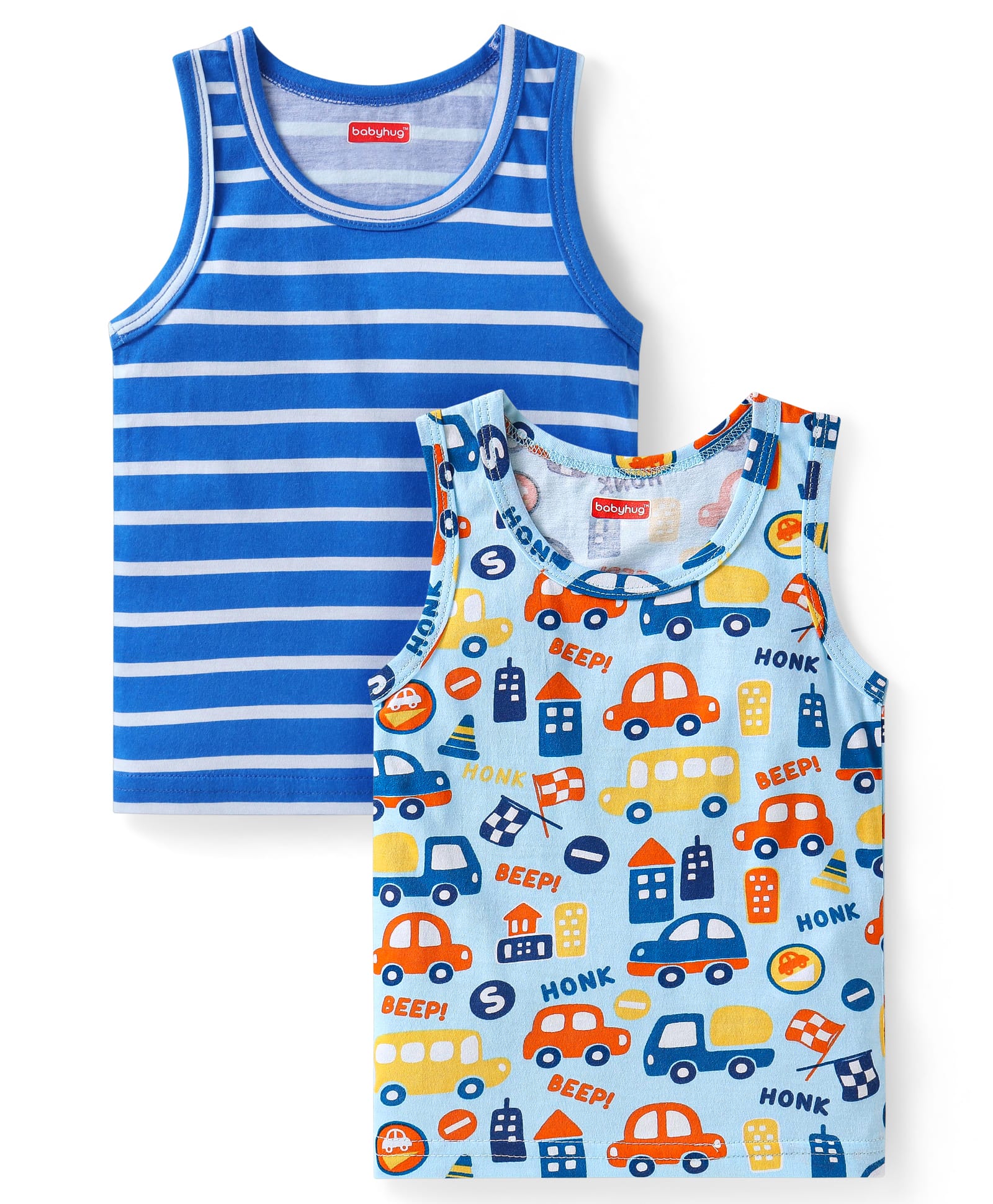 Babyhug 100% Cotton Knit Sleeveless Sando Vests With Stripes & Vehicle Print Pack of 2 - Blue-image-17