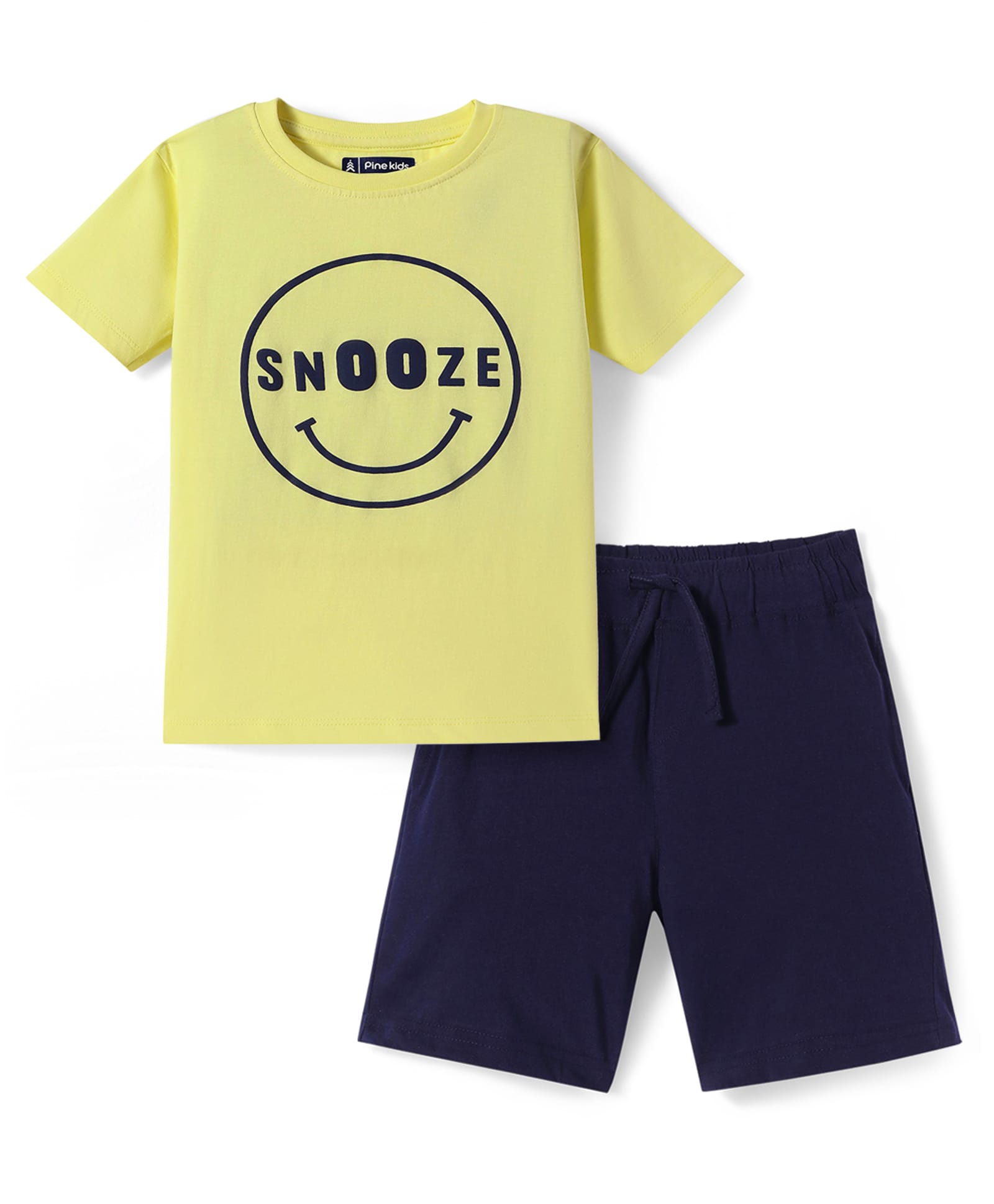 Pine Kids Single Jersey Knit Half Sleeves Night Suit With Text Print - Neon Green & Navy Blue-image-49
