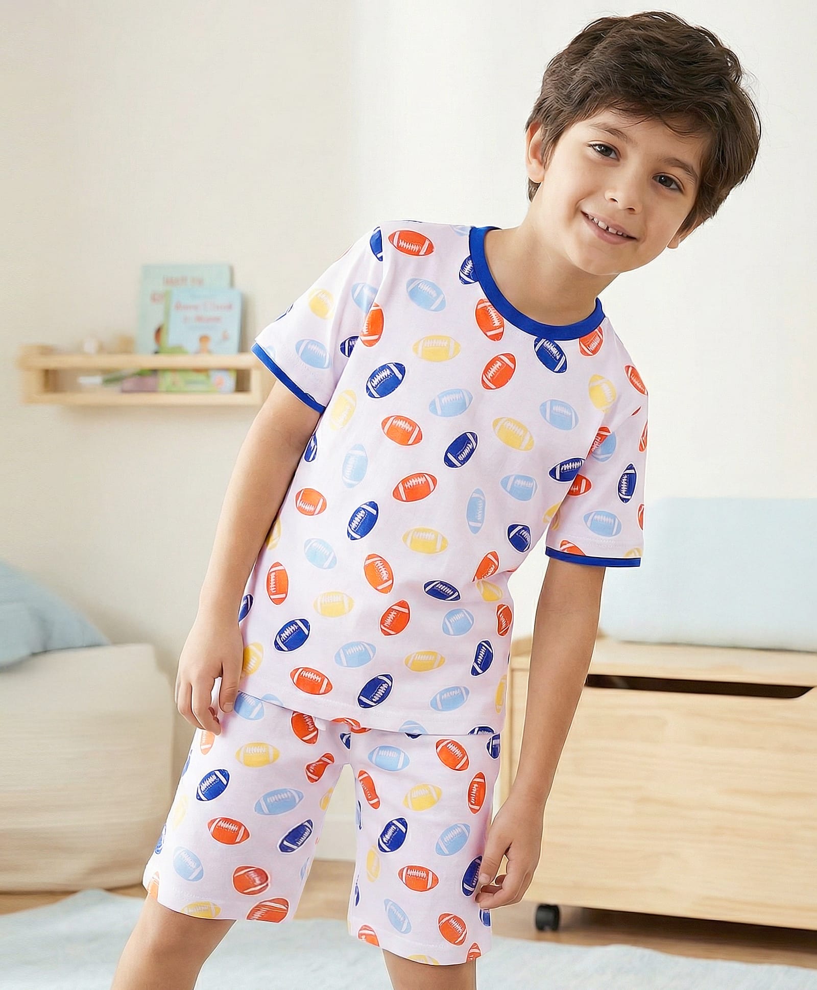 Pine Kids Single Jersey Knit Half Sleeves Shorts Night Suit With Rugby Print - White-image-46