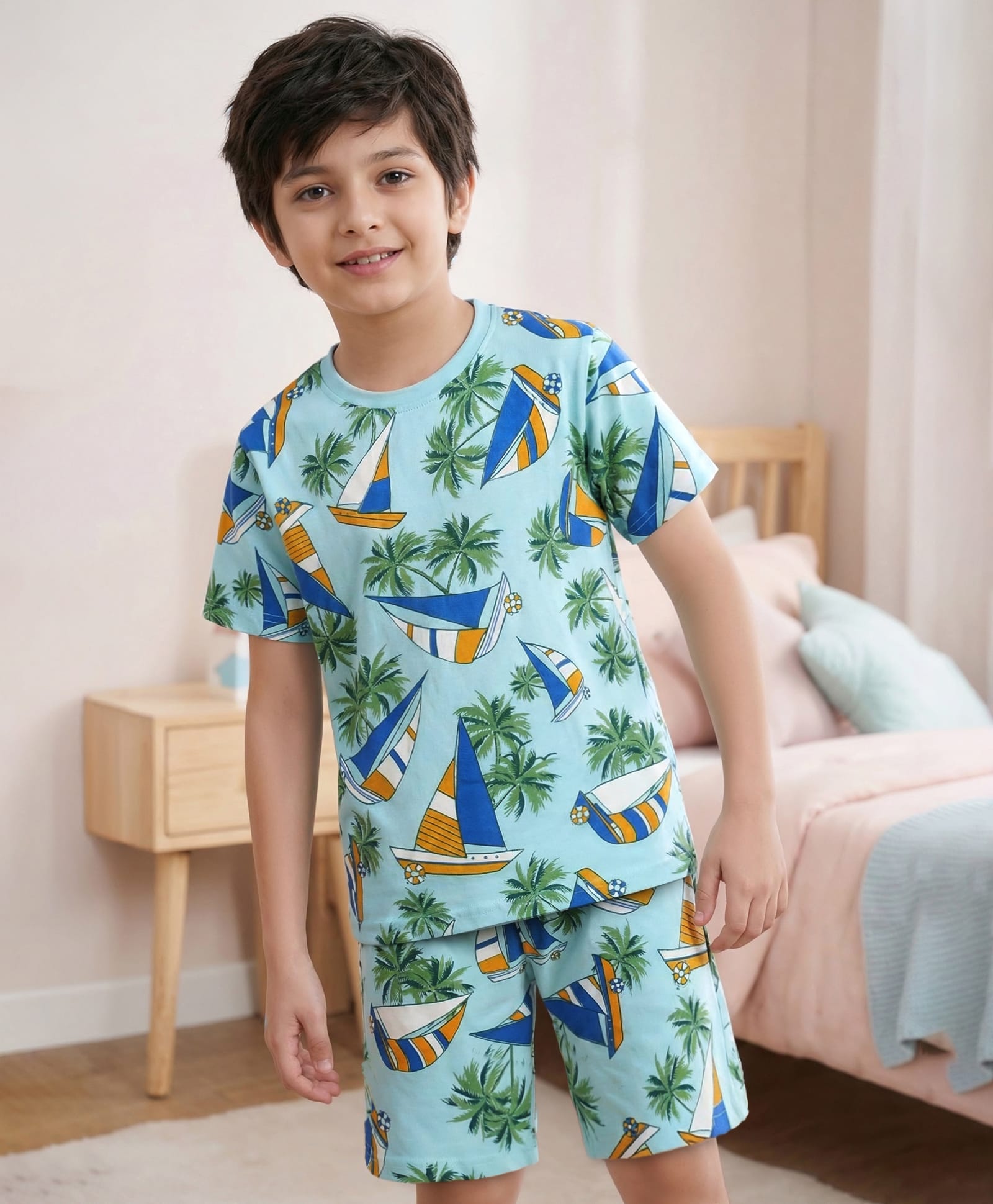 Pine Kids Single Jersey Knit Half Sleeves Shorts Night Suit With Boat & Tree Print - Sea Green-image-36