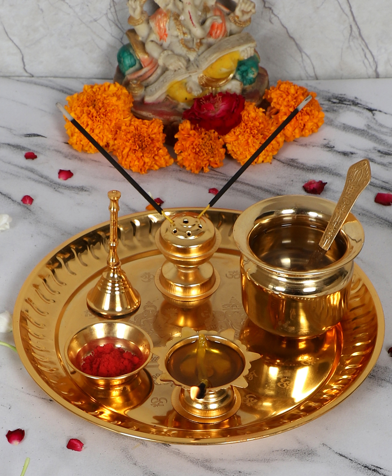 Amaya Decors Gold Steel Pooja Thali With Velvet Box-picture-20