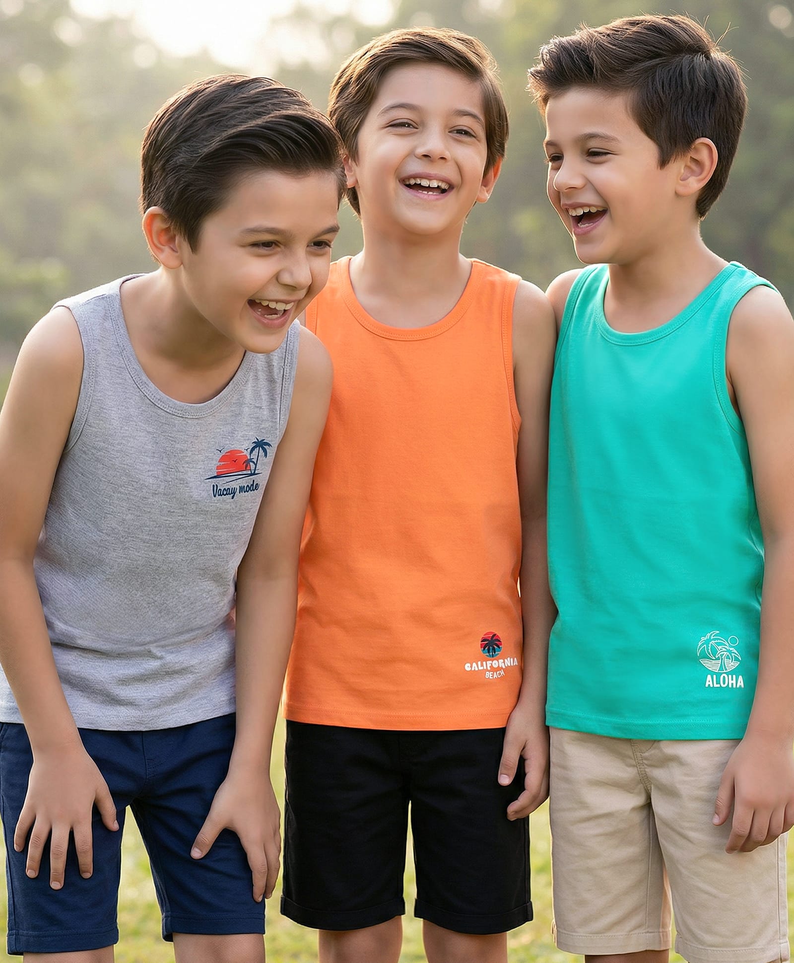 Pine Kids Cotton Knit Sleeveless Vestswith Beach Theme Print Pack of 3 (Colour May Vary)-picture-46