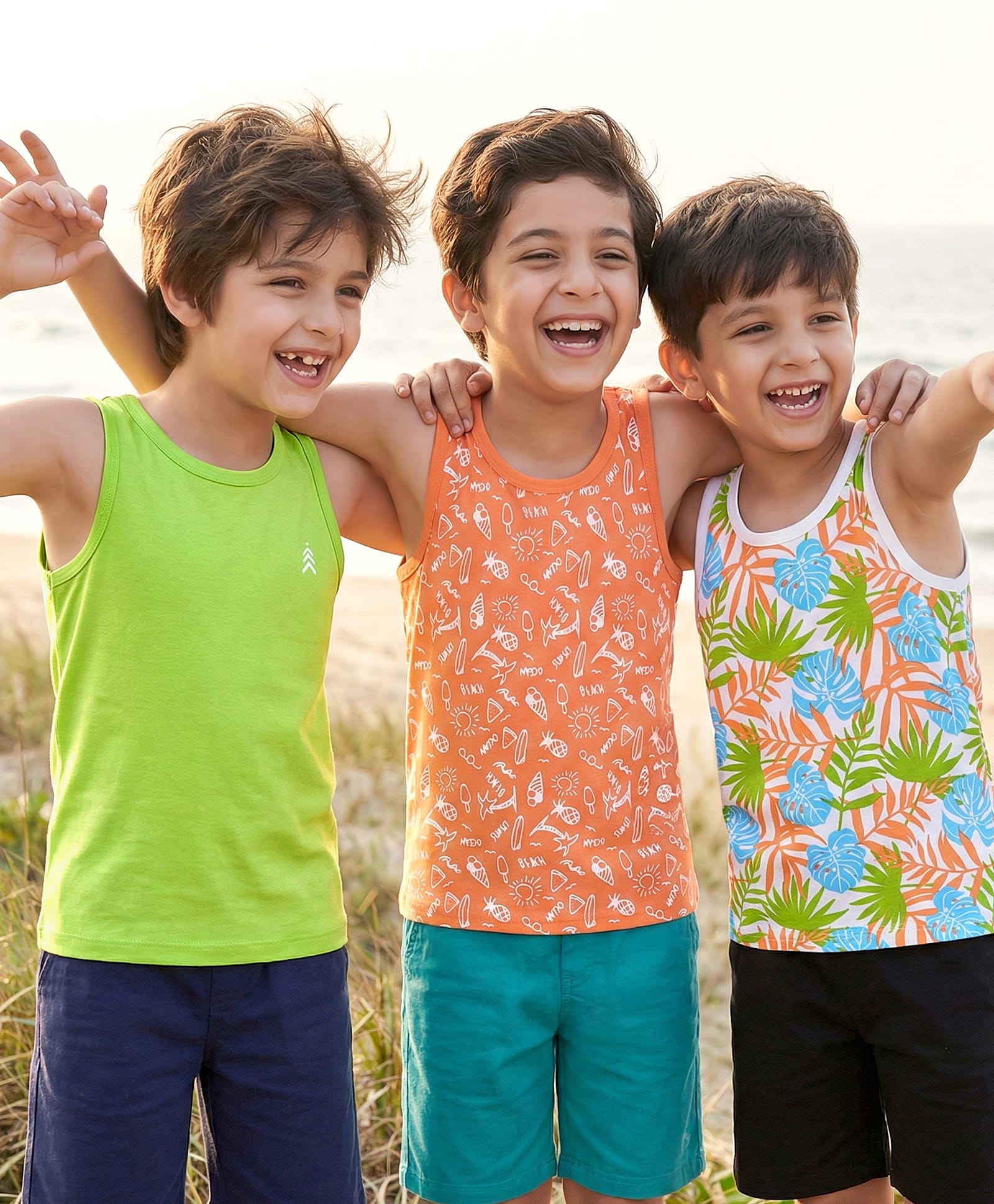 Pine Kids Cotton Lycra Knit Sleeveless Vests with Beach Theme & Tropical Print Pack of 3 (Color May Vary)-picture-14