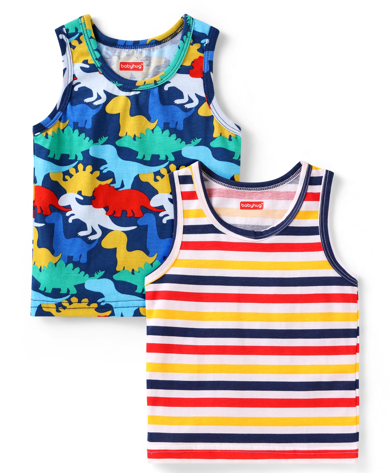 Babyhug 100% Cotton Knit Sleeveless Sandos with Stripes & Dino Print Pack of 2 - Navy Blue-image-28
