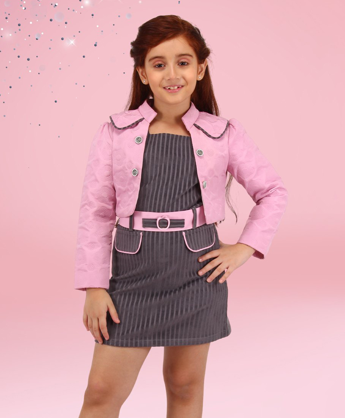 Cutecumber Corduroy Striped Dress With Full Sleeves Floral Embroidered Jacket & Belt - Pink-image-24