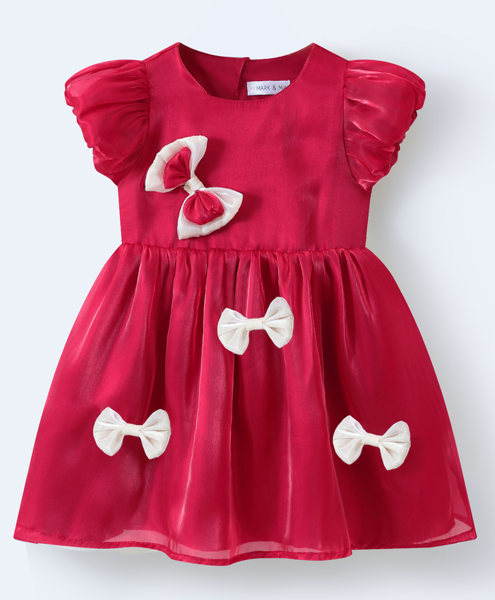 Mark & Mia Half Bubble Sleeves Solid Color with Bow Detailing Party Frock - Red