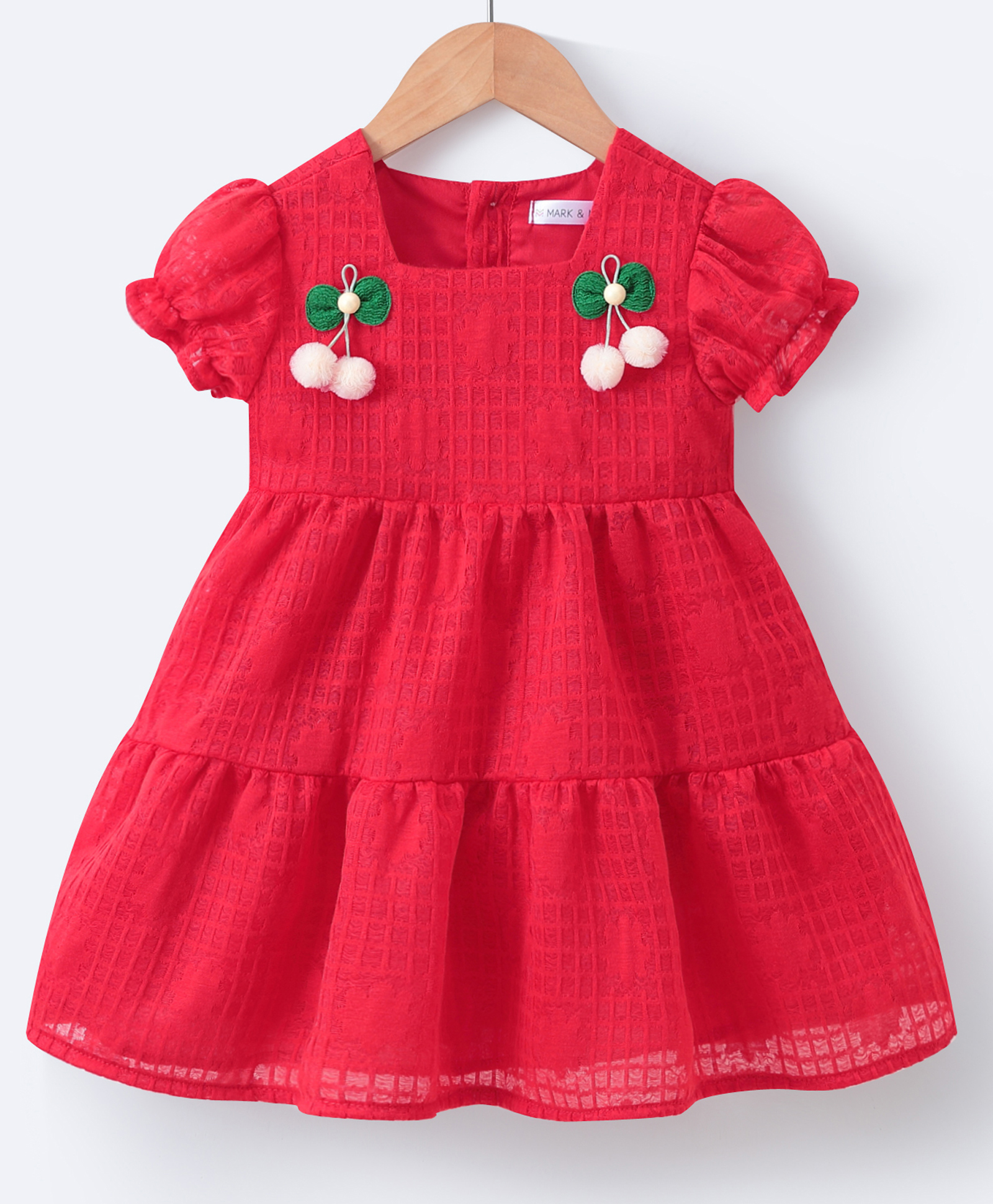Mark & Mia Half Puffed Sleeves Pom Pom Applique & Textured Tiered Party Frock - Red-image-45