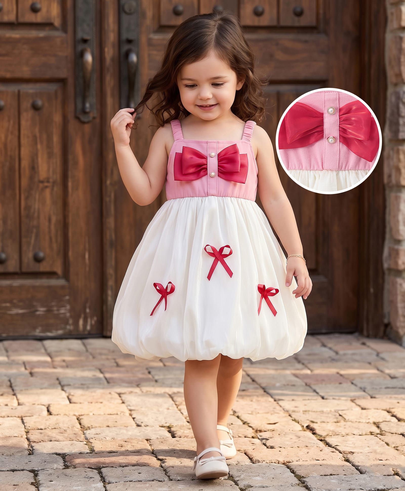 Mark & Mia Sleeveless Solid Color with Bow Detailing Fit & Flared Party Frock - Pink & White-picture-31
