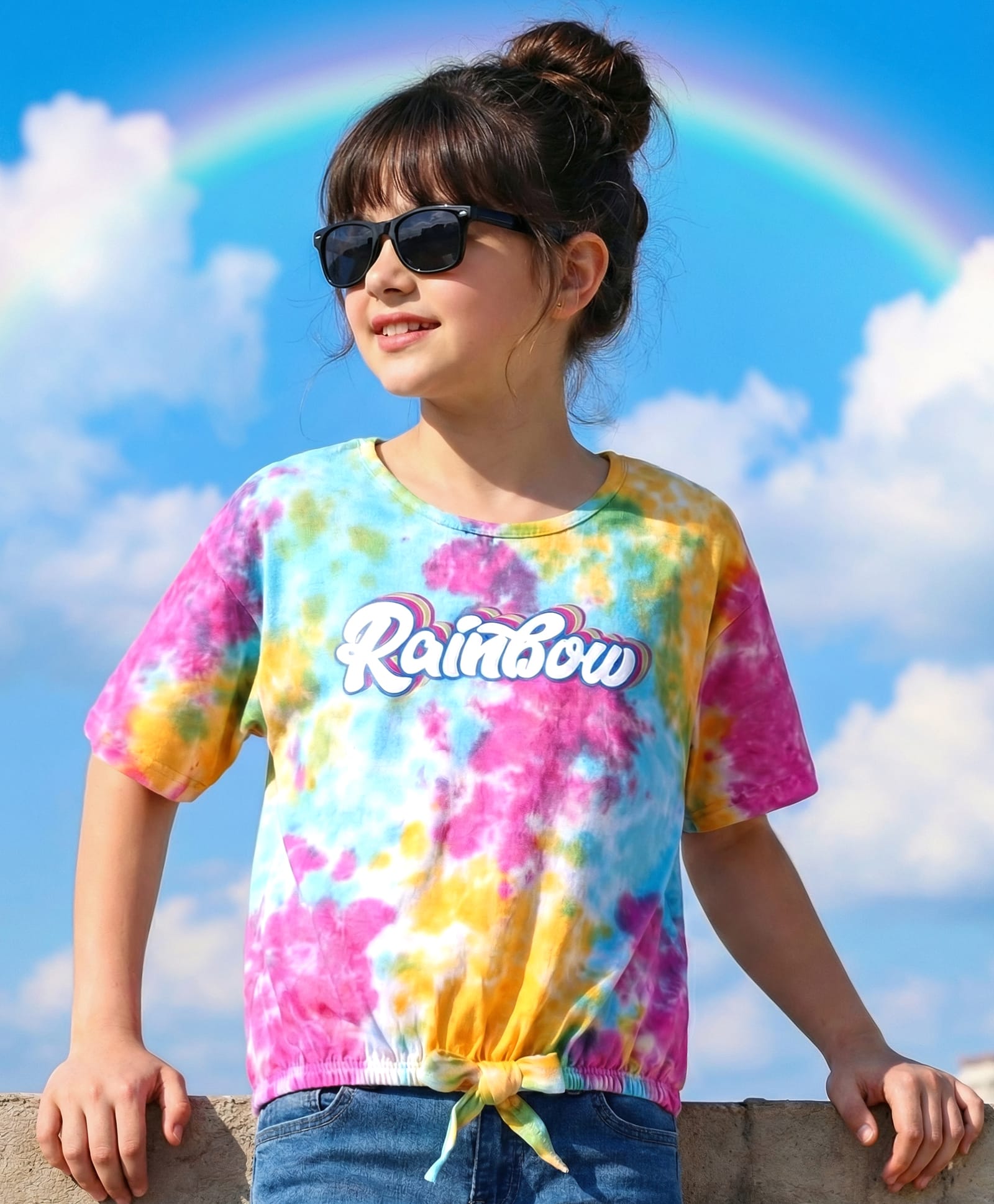 Pine Kids Cotton Knit Half Sleeves Drop Shoulder Top with Rainbow Print - Pink Blue & Yellow-picture-28