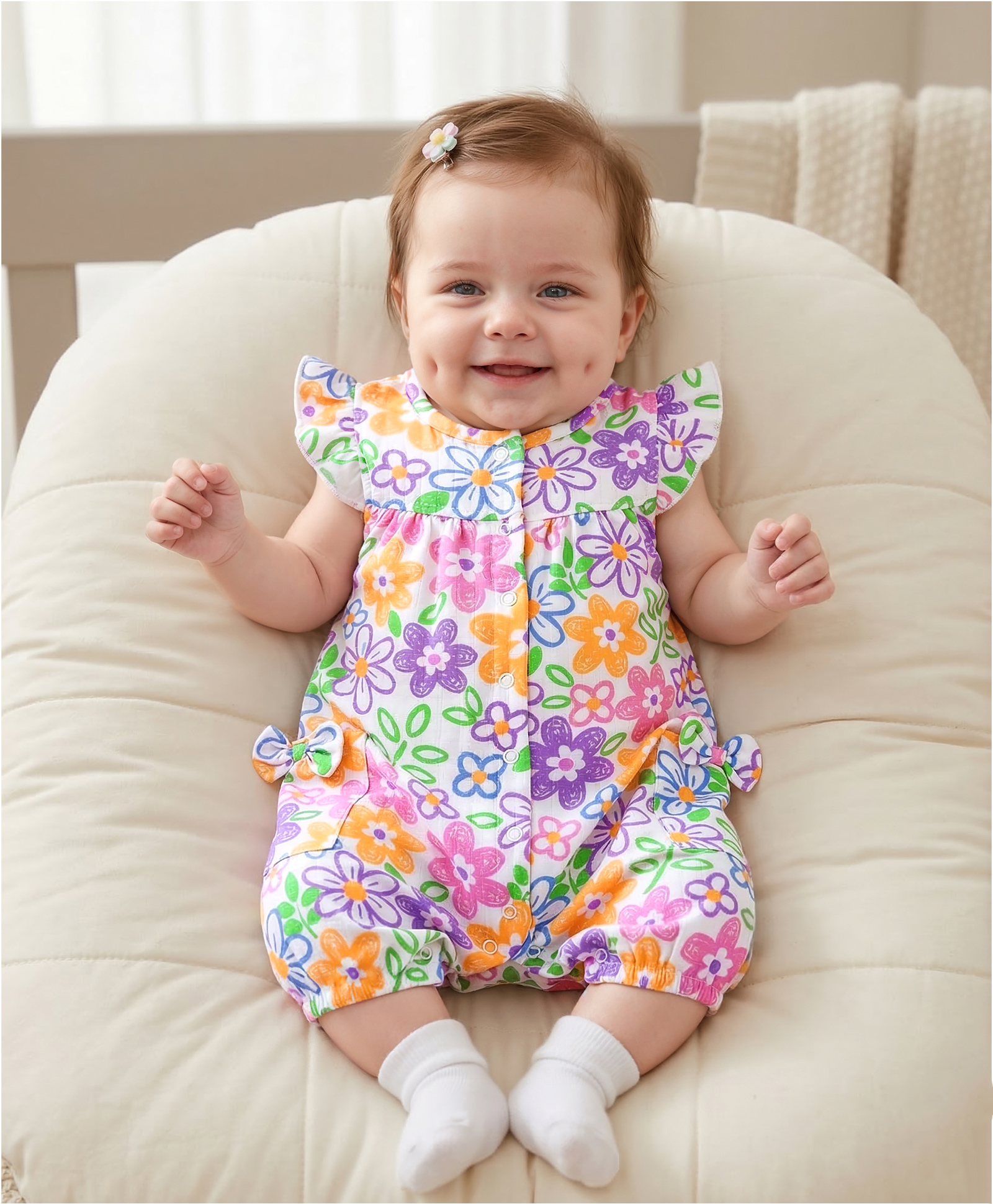 Babyoye 100% Organic Muslin Woven Frill Sleeves Floral Printed Romper with Pocket Detailing - White-image-13