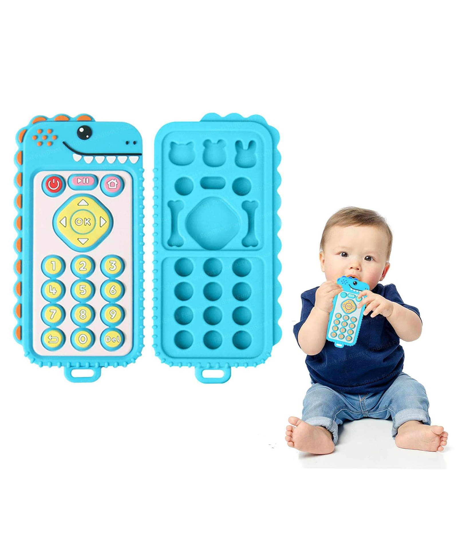 FunBlast Dino Remote Shaped Silicone Teether Toy for Babies Pack of 1 Blue-picture-14