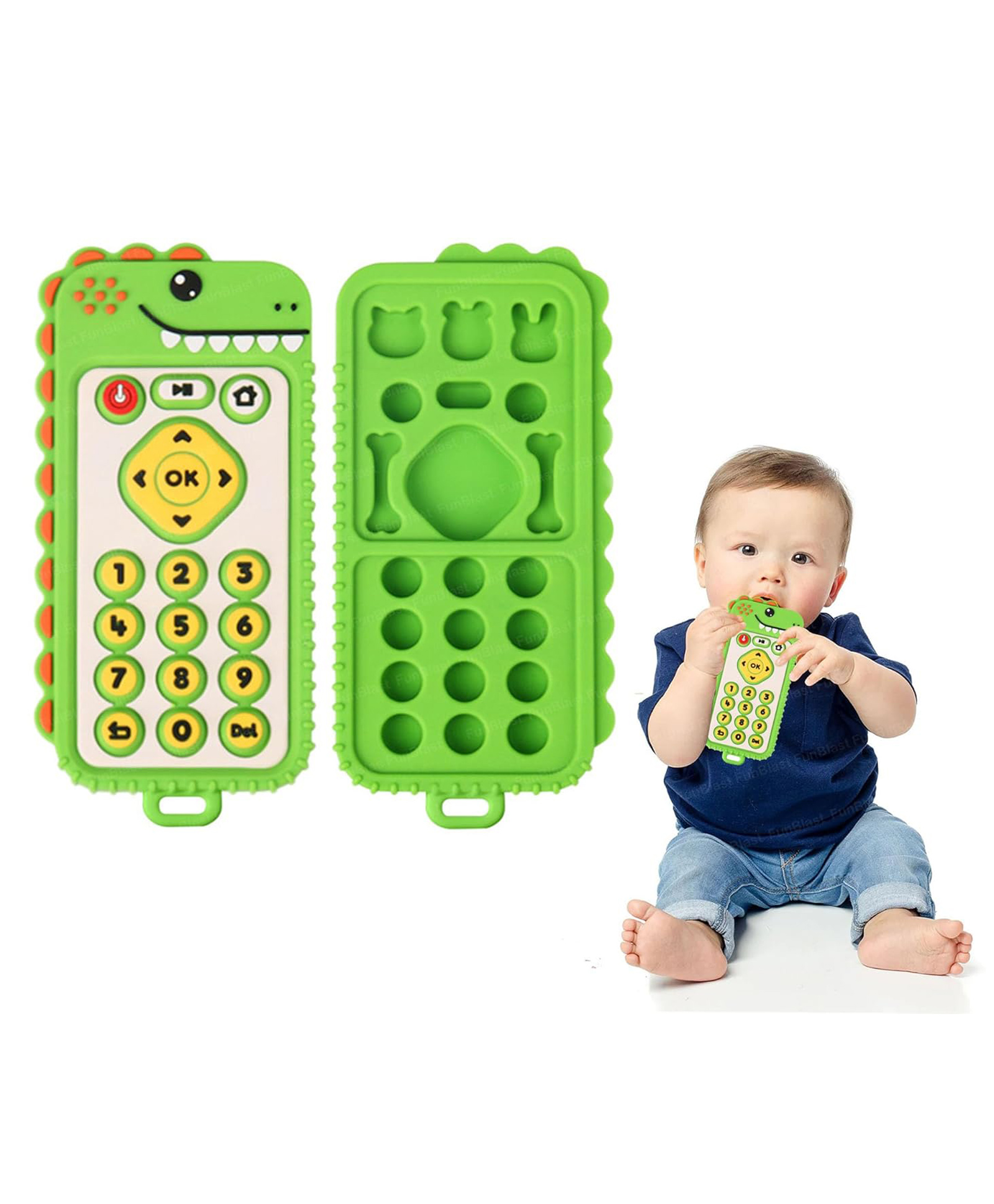 FunBlast Dino Remote Shaped Silicone Teether Toy for Babies Pack of 1 - Green-picture-25