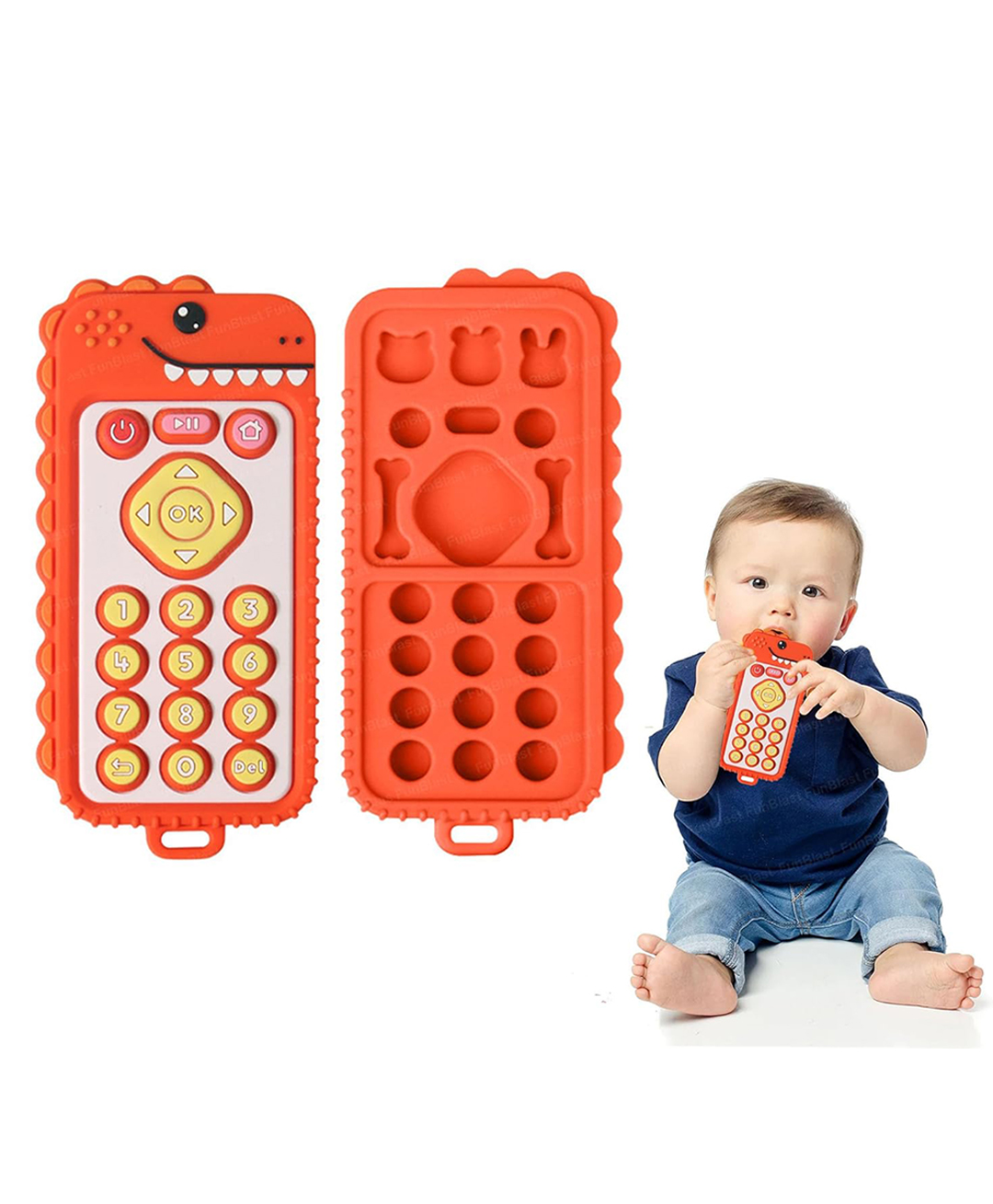 FunBlast Dino Remote Shaped Silicone Teether Toy for Babies Pack of 1 - Orange-picture-11