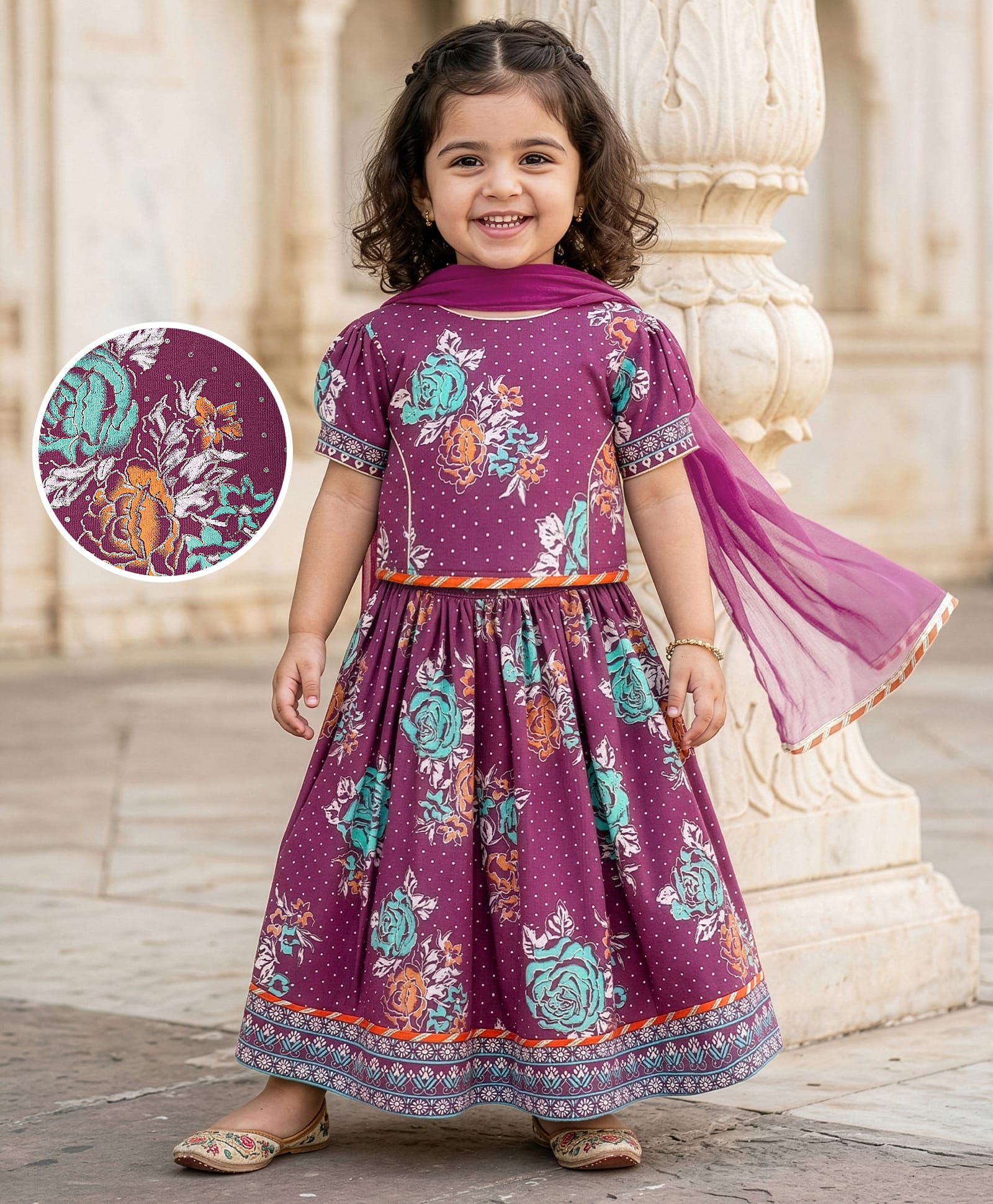 EARTHY TOUCH Single Jersey Knit Short Sleeves Choli Lehenga with Dupatta Floral Print & Lace Detailing - Purple-image-18